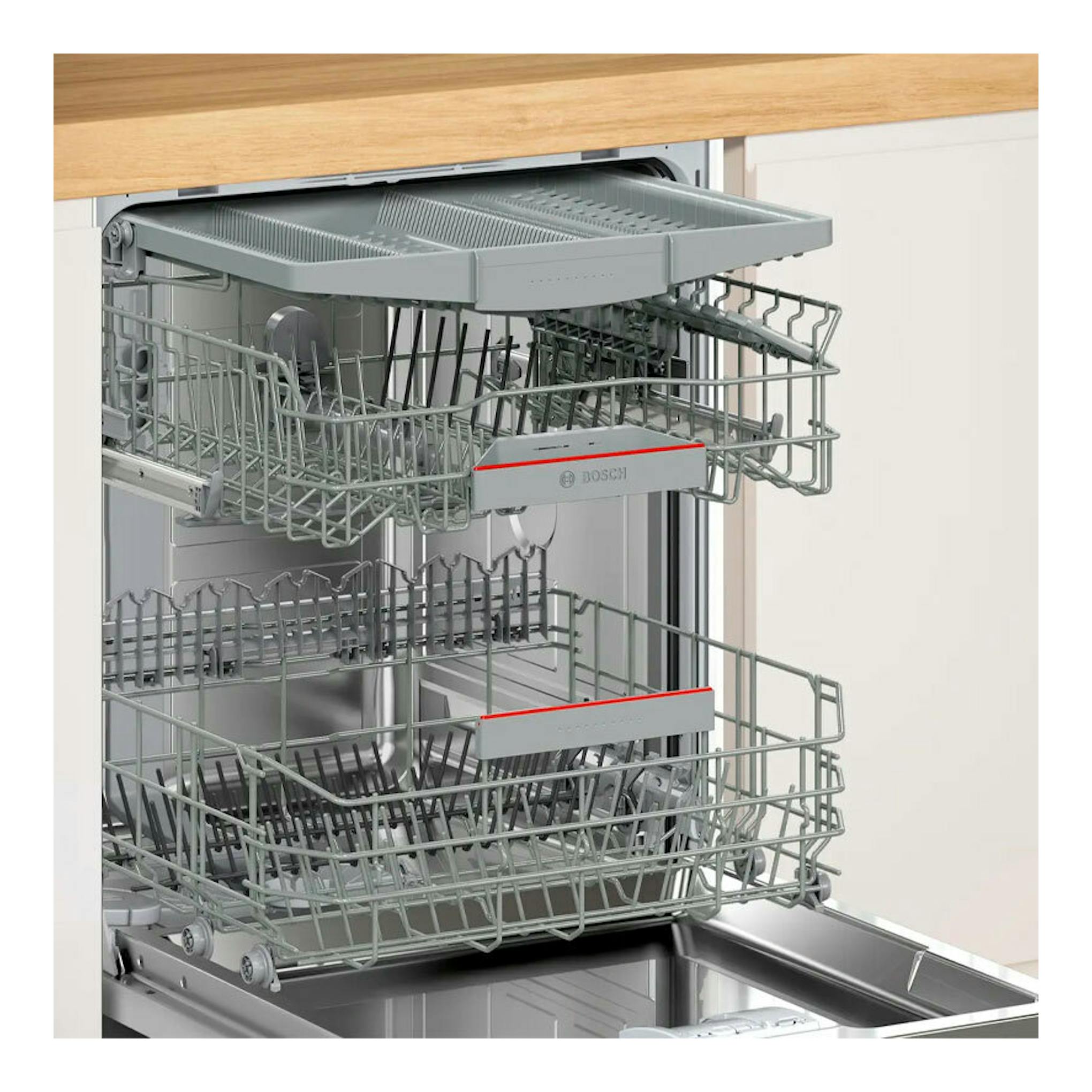 Lavavajillas integrable Bosch SMH4ECX28E, vista frontal con puerta abierta, cestas y bandeja grises.