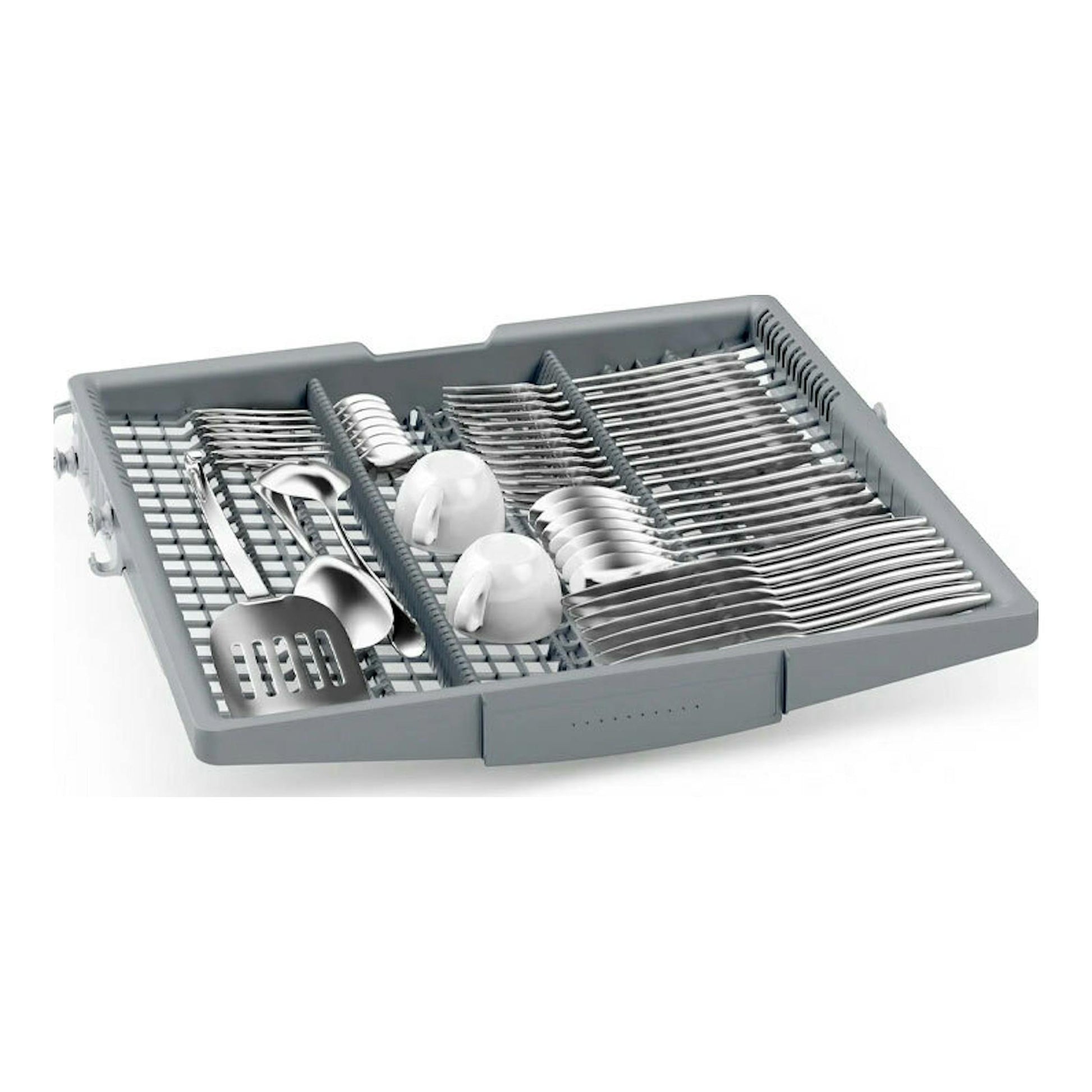 Bandeja portacubiertos gris Bosch SMH4ECX28E, vista frontal inclinada, con cubiertos y tazas.