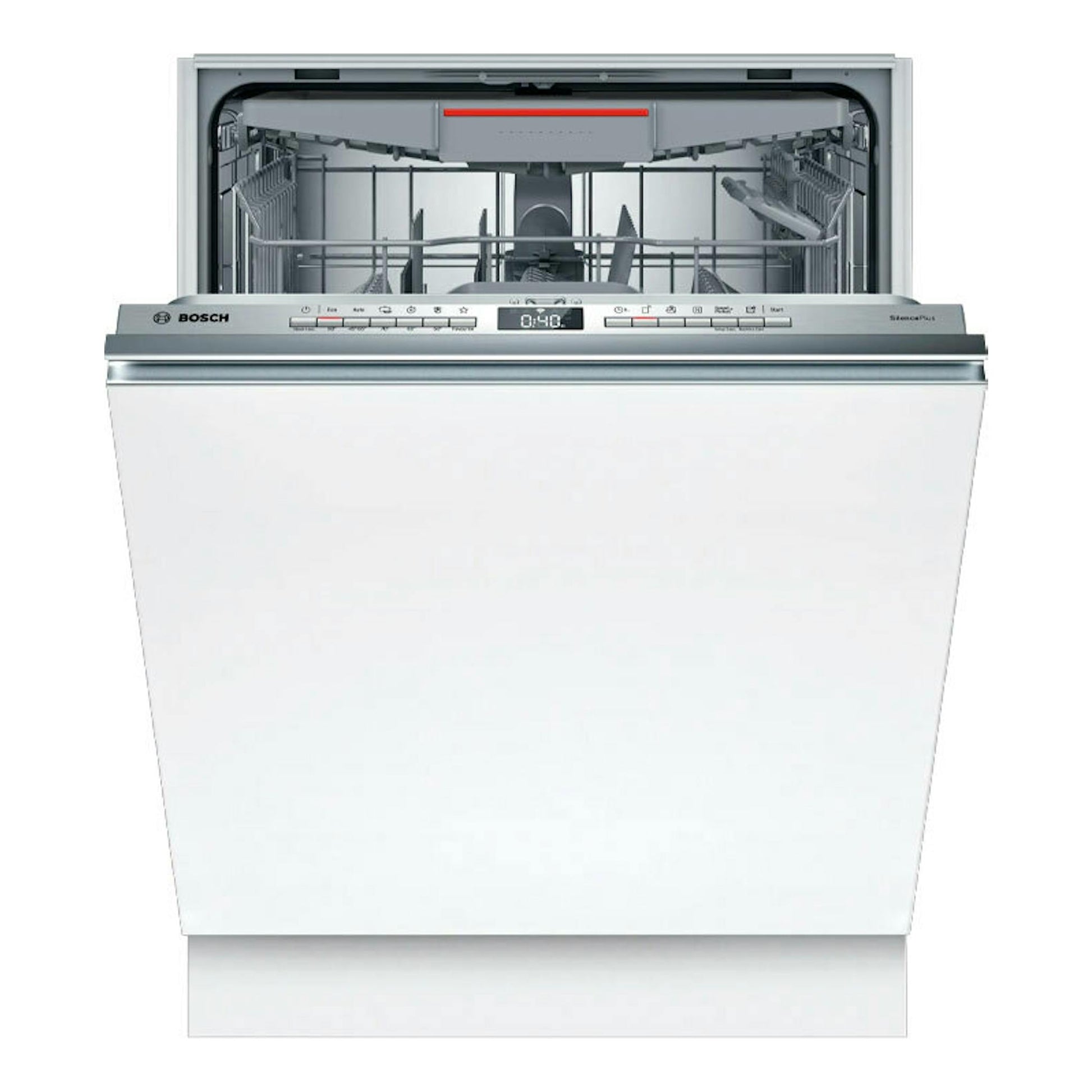 Lavavajillas integrable Bosch SMH4EVX08E, vista frontal, puerta blanca y panel superior de acero inoxidable, abierto.