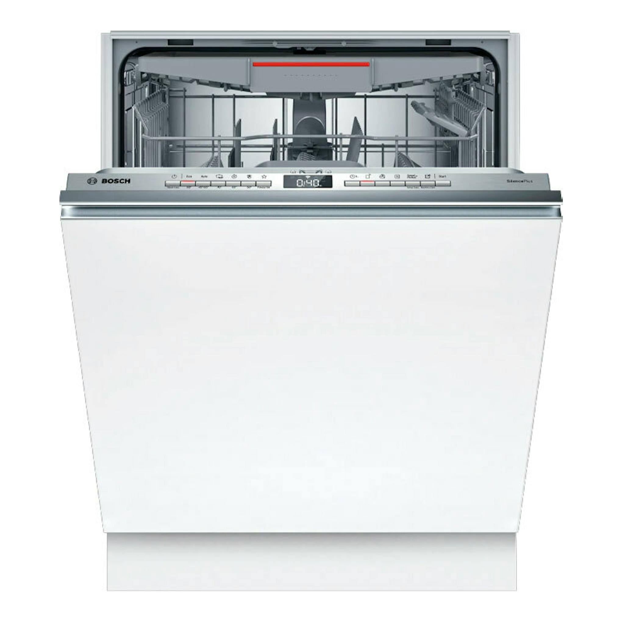 Lavavajillas integrable Bosch SMH4EVX08E, vista frontal, puerta blanca y panel superior de acero inoxidable, abierto.