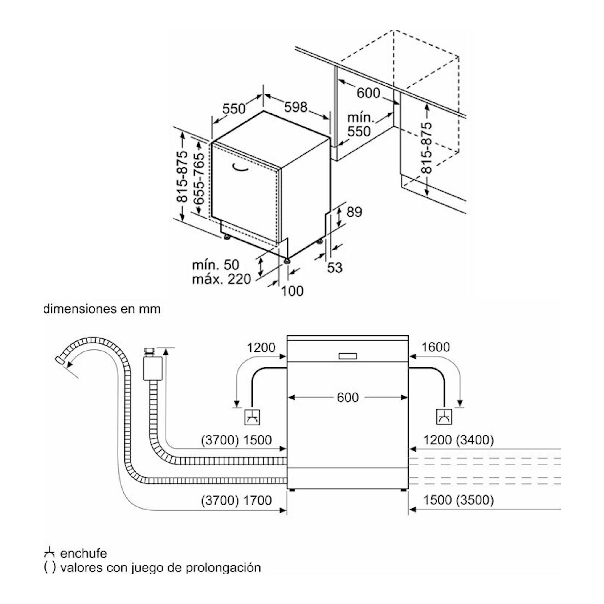 Bosch SMH4EVX08E: esquema técnico de lavavajillas integrable, vista frontal y lateral, con medidas en mm.