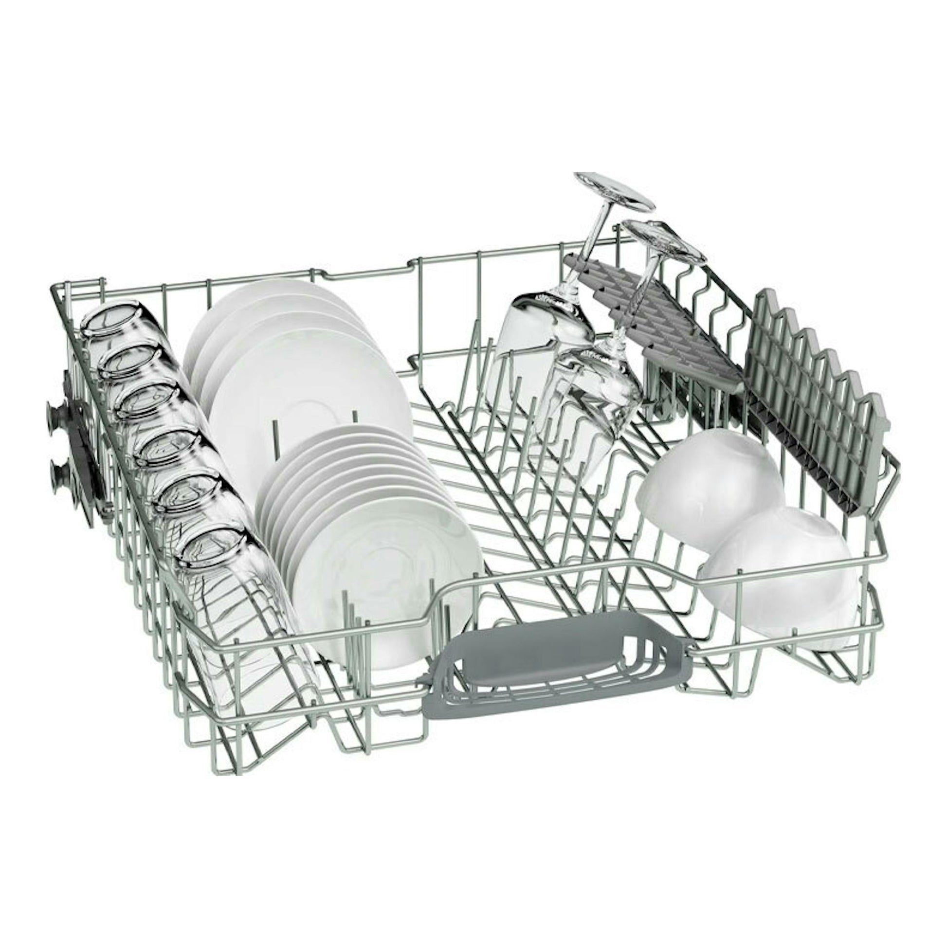 Bosch SMH4HVX03E 60 cm, cesta inferior de lavavajillas en vista lateral con platos, vasos y copas.