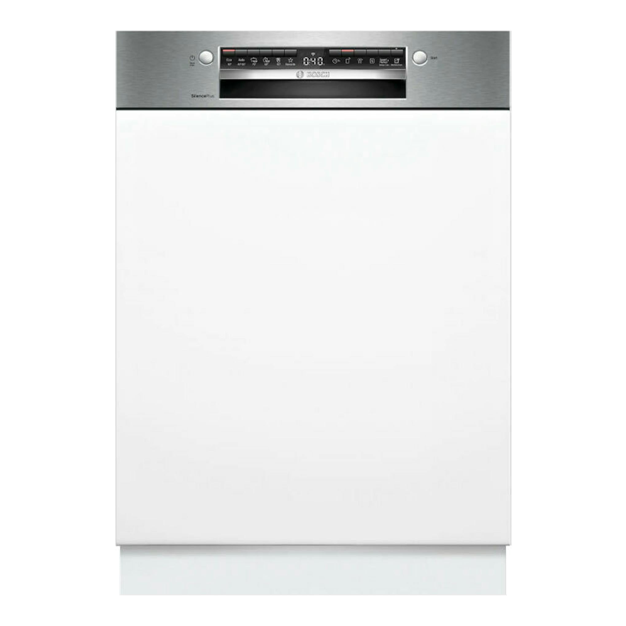 Lavavajillas integrable Bosch SMI4ECS28E, vista frontal, panel superior inoxidable y puerta blanca.