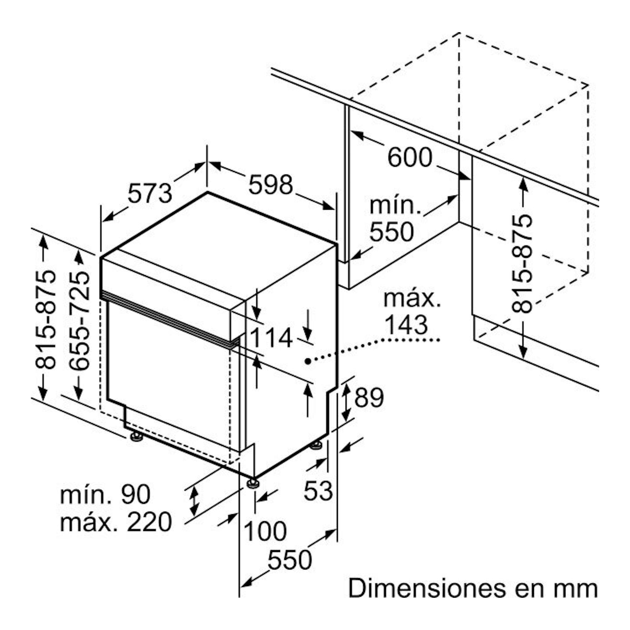 Bosch SMI4ECS28E: diagrama técnico isométrico de lavavajillas integrable blanco con medidas en mm.