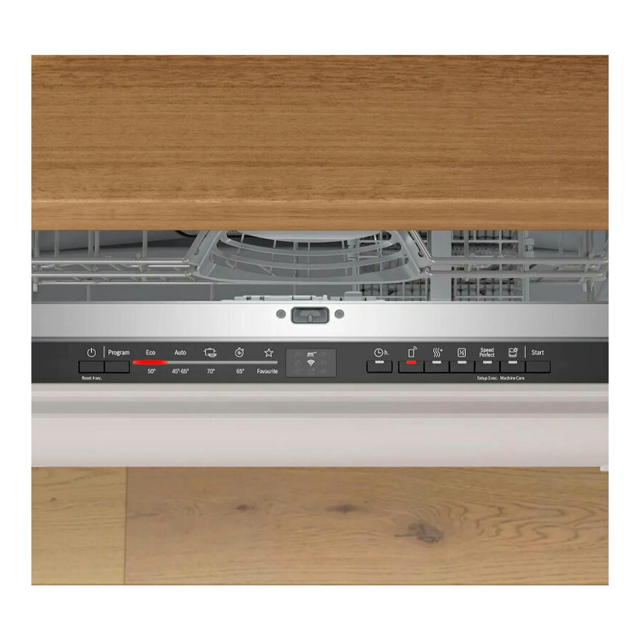 Lavavajillas integrable Bosch SMV2ITX09E, vista frontal con la puerta abierta y el panel de control visible.