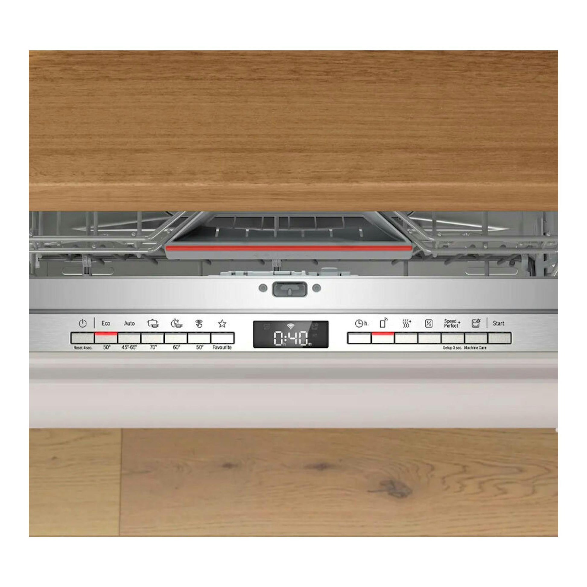 Lavavajillas integrable Bosch SMV4ECX28E, vista frontal abierta con panel de control y puerta de madera.