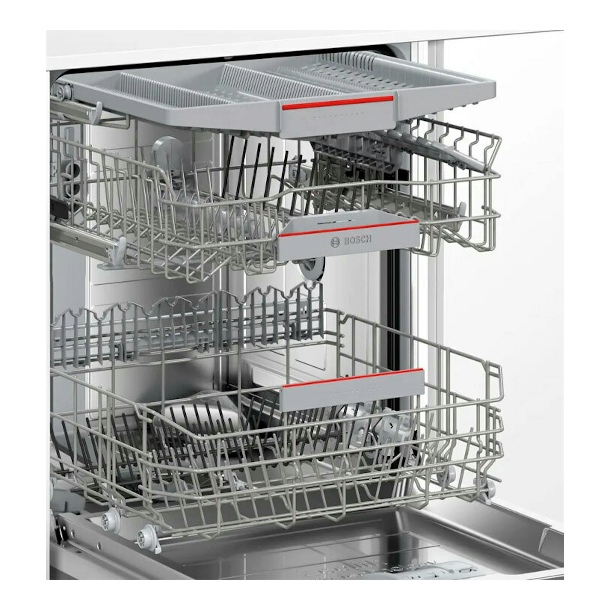 Lavavajillas integrable Bosch SMV4ECX28E, vista frontal abierta con cestas grises y bandeja superior.