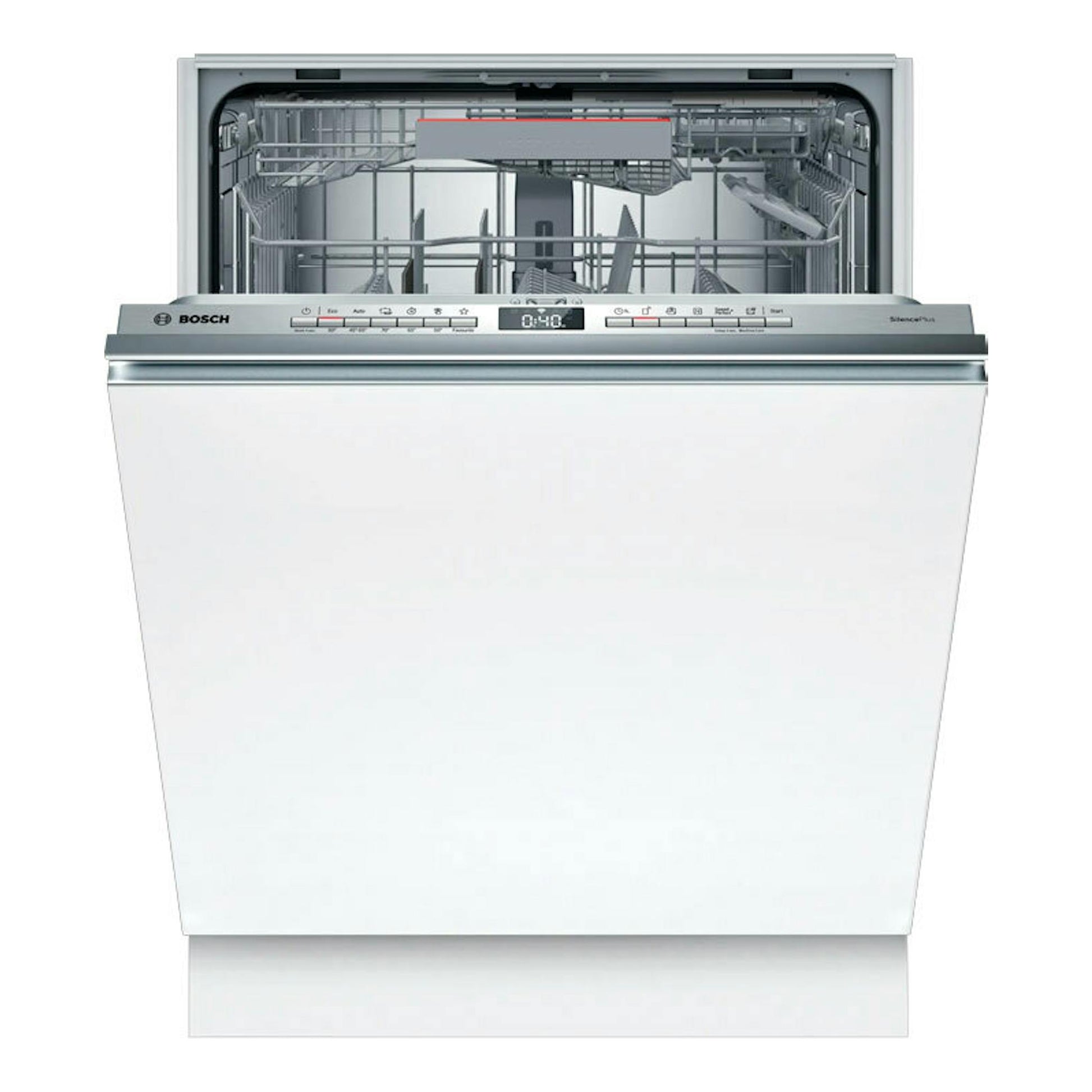 Lavavajillas integrable Bosch SMV4ENX06E, vista frontal, puerta abierta, panel inox y cestos interiores grises.