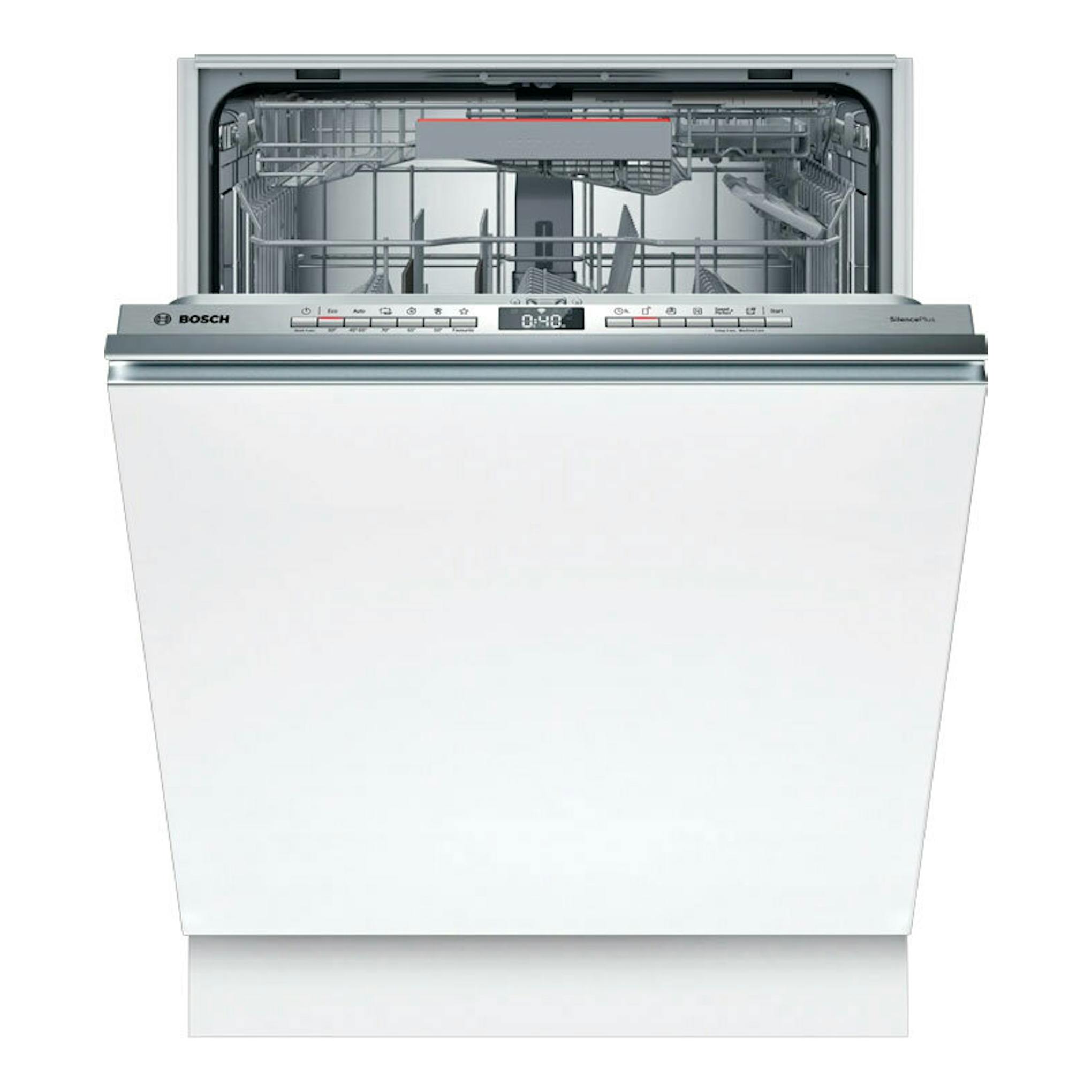 Lavavajillas integrable Bosch SMV4ENX06E, vista frontal, puerta abierta, panel inox y cestos interiores grises.
