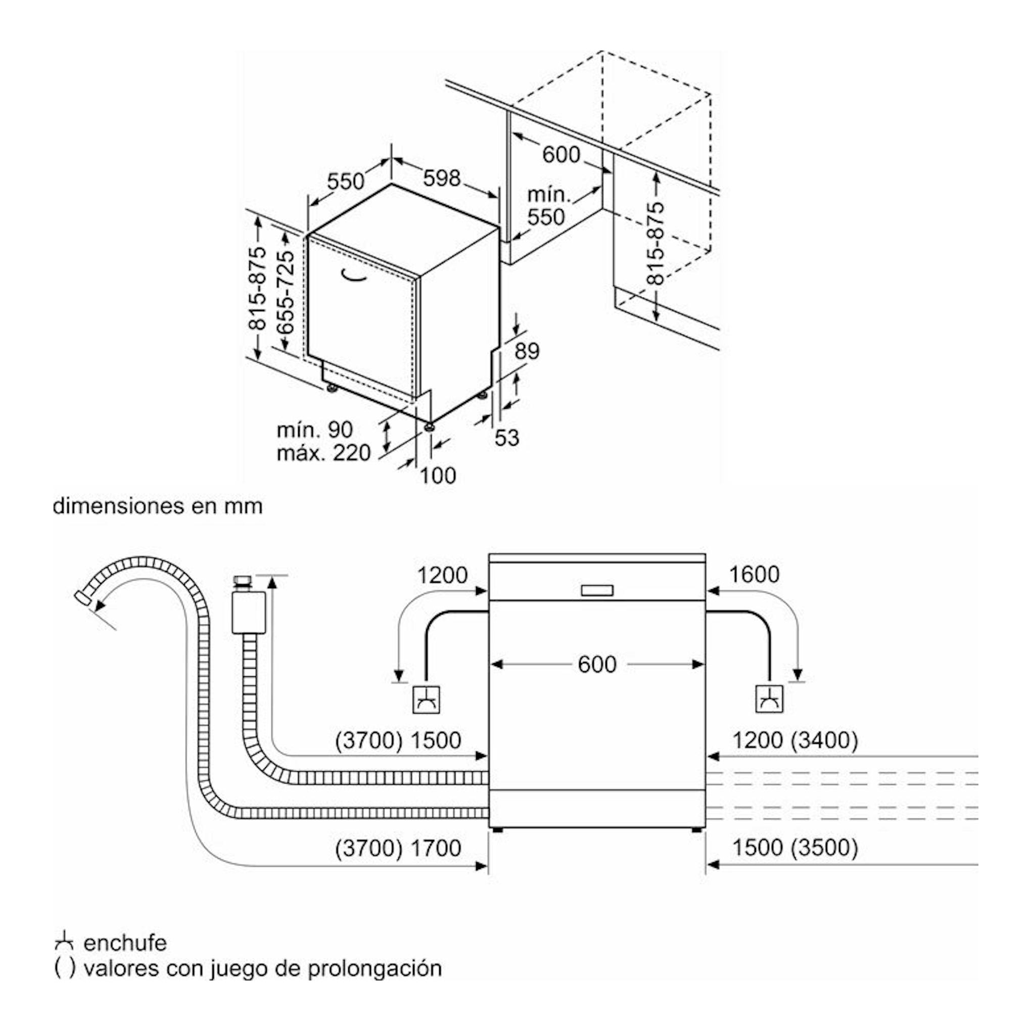 Bosch SMV4ENX06E: esquema técnico de lavavajillas integrable de 60 cm, con cotas y conexiones.