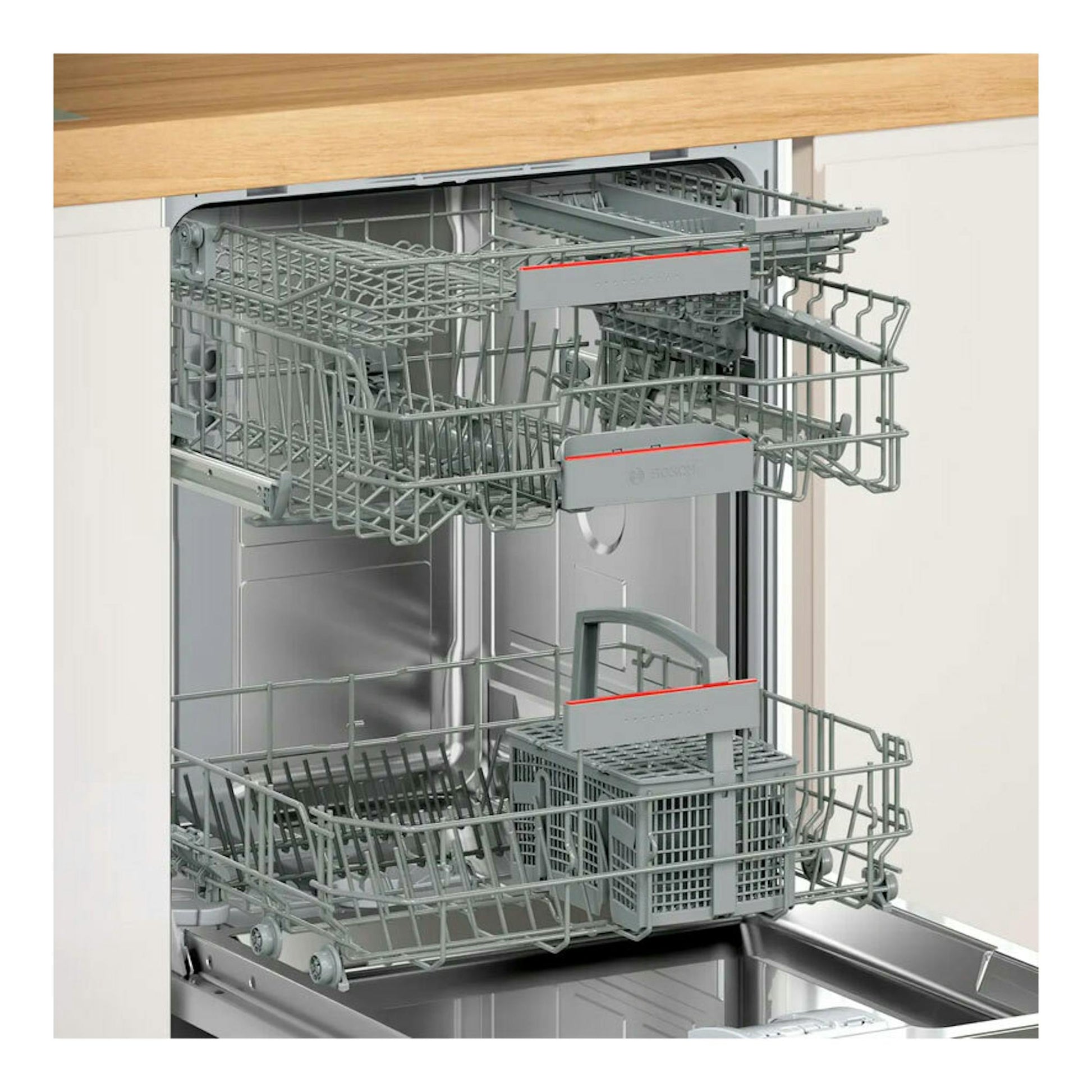 Lavavajillas integrable Bosch SMV4ENX06E abierto, vista frontal, con cestas grises extraíbles.