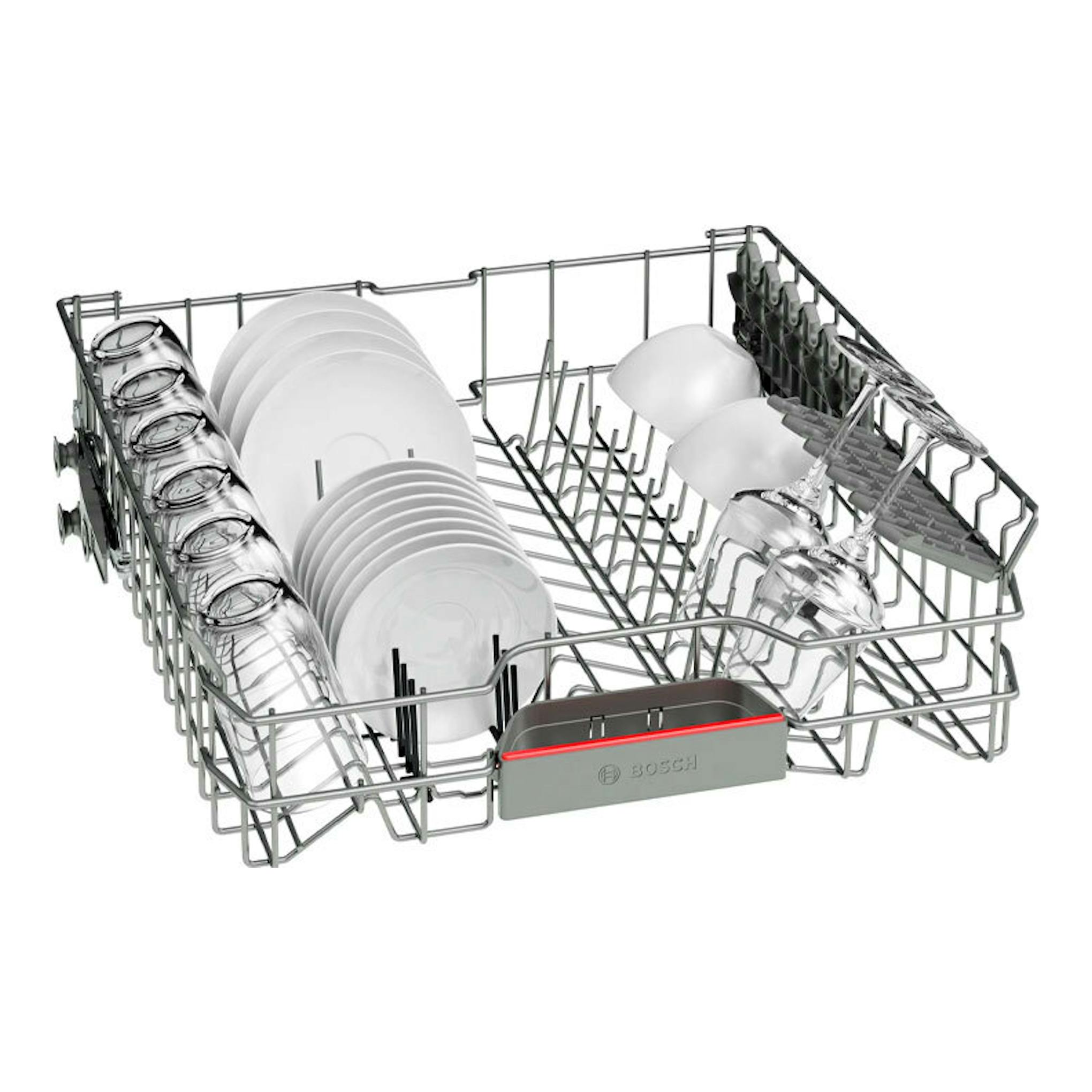 Cesta inferior de lavavajillas Bosch SMV4ENX06E, vista en perspectiva, con platos, vasos y copas.