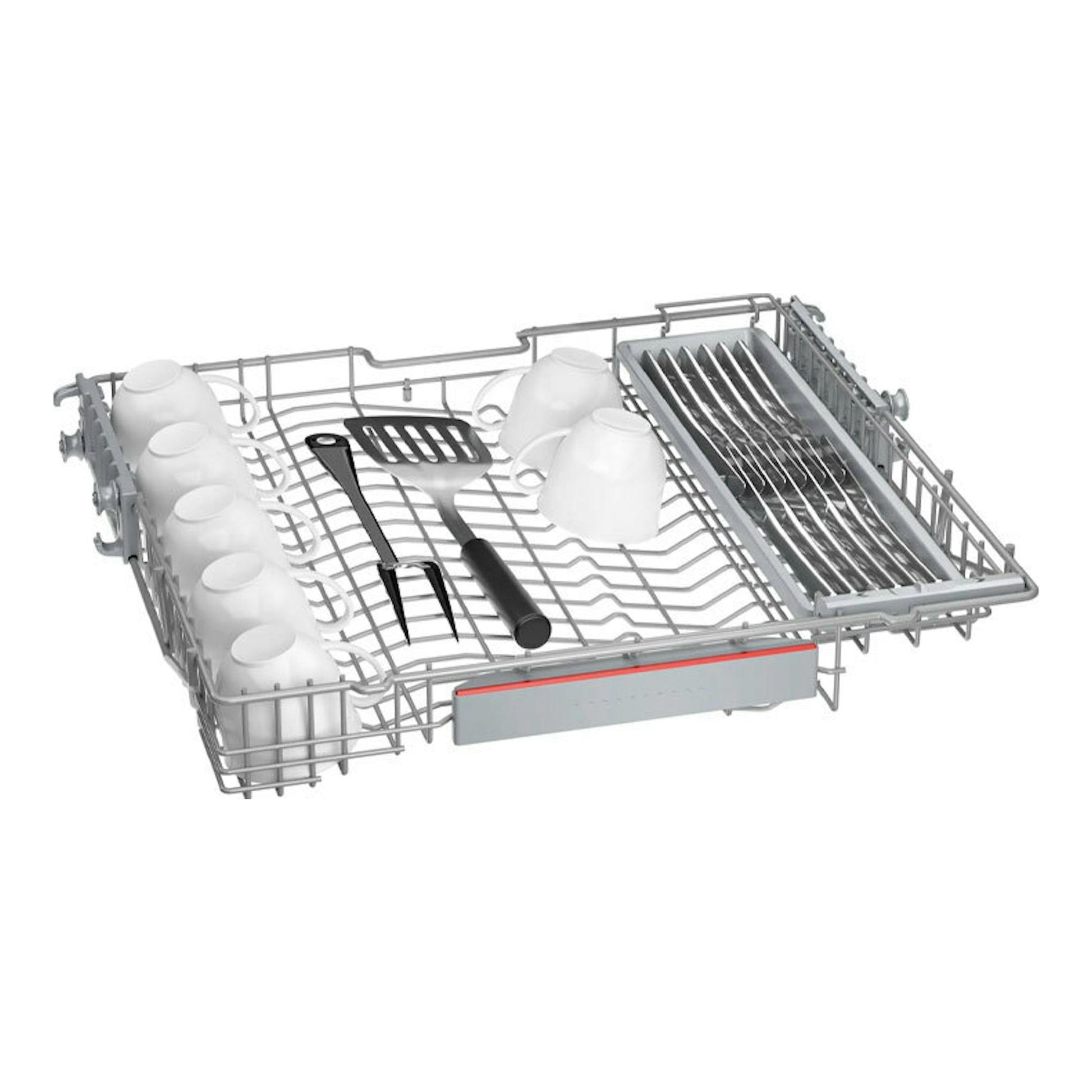 Bosch SMV4ENX06E: cesta superior de lavavajillas en vista diagonal, gris, con tazas y cubiertos.