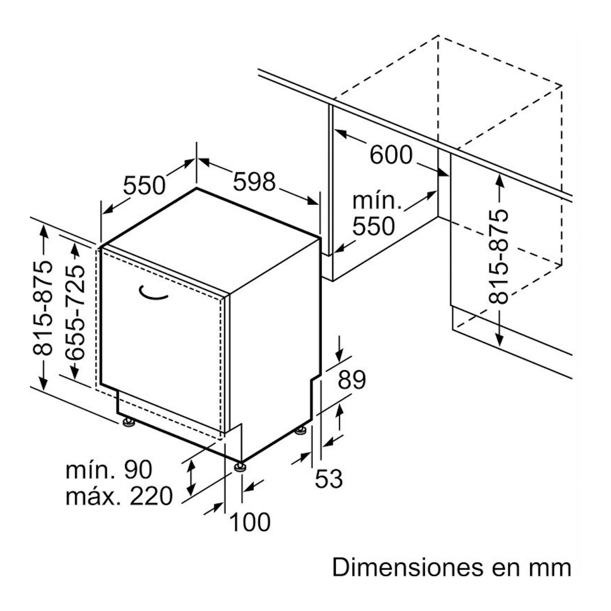 Bosch SMV4EVX04E, lavavajillas integrable, esquema técnico en blanco y negro con medidas de instalación en mm.