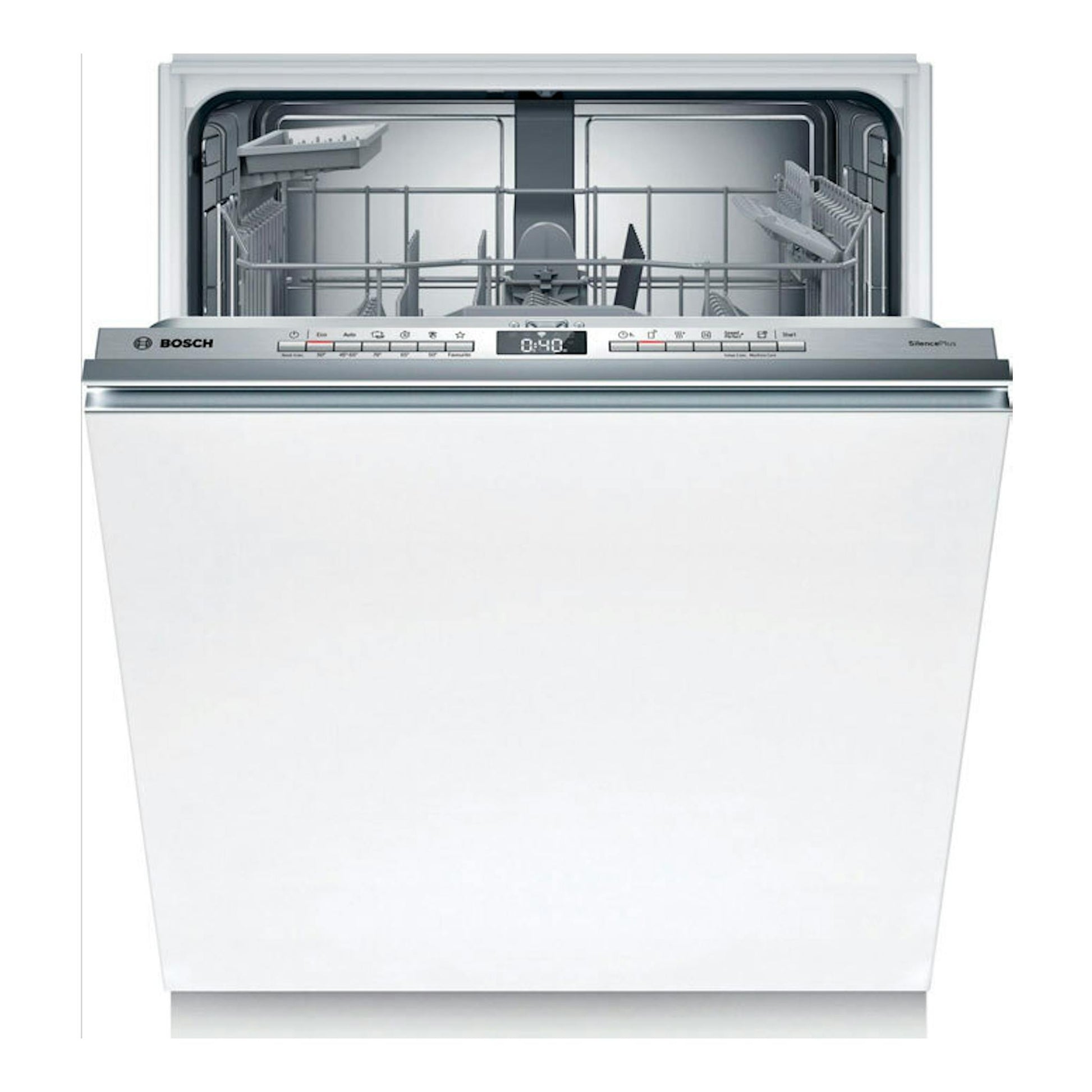 Lavavajillas integrable Bosch SMV4HAX07E blanco, vista frontal con puerta abierta.