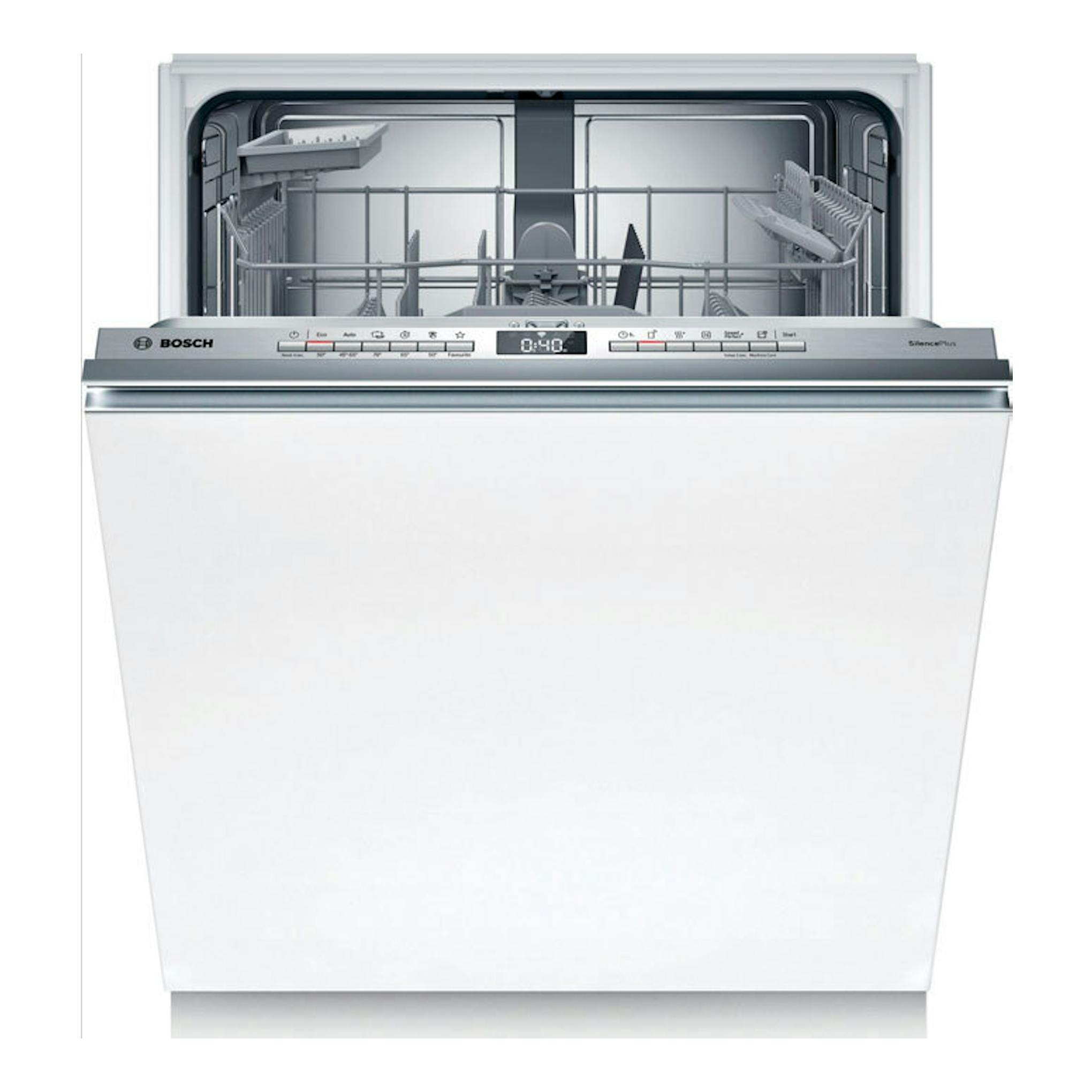 Lavavajillas integrable Bosch SMV4HAX07E blanco, vista frontal con puerta abierta.