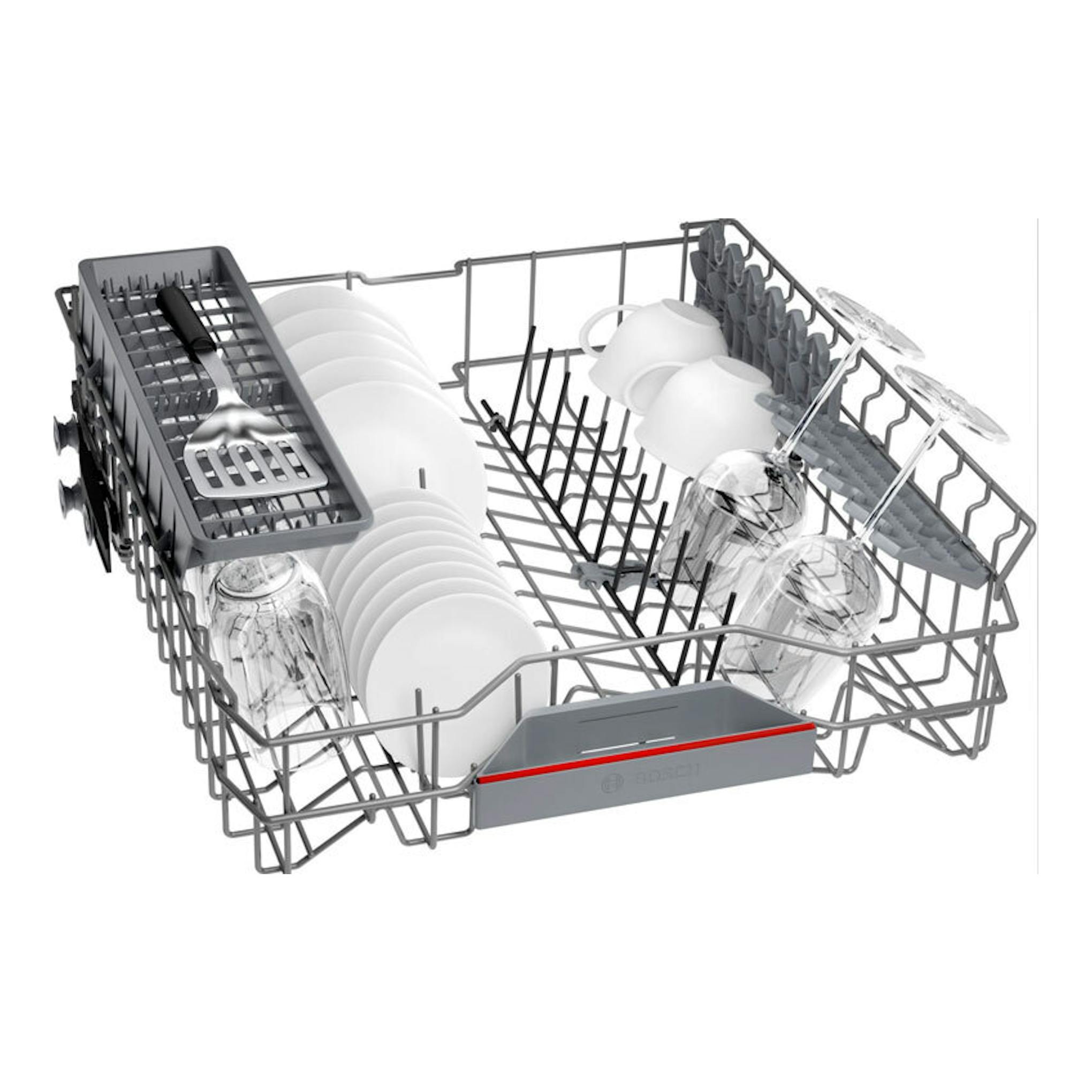 Bosch SMV4HAX07E: cesta de lavavajillas integrable en vista 3/4, gris, con platos, vasos y cubiertos.
