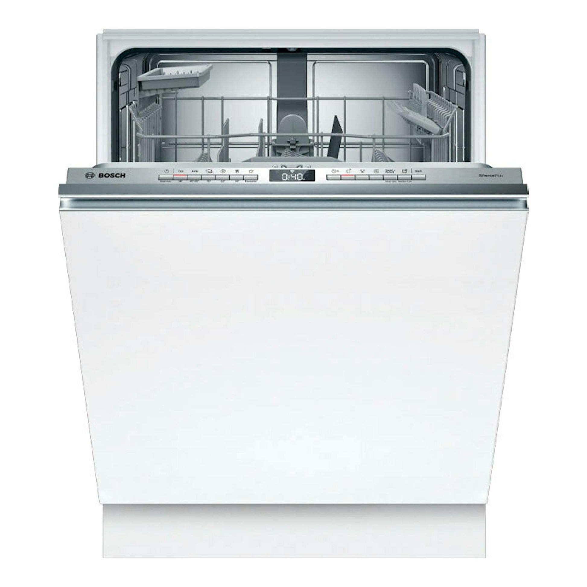 Lavavajillas integrable Bosch SMV4HAX19E blanco, vista frontal, con puerta abierta y bandejas visibles.