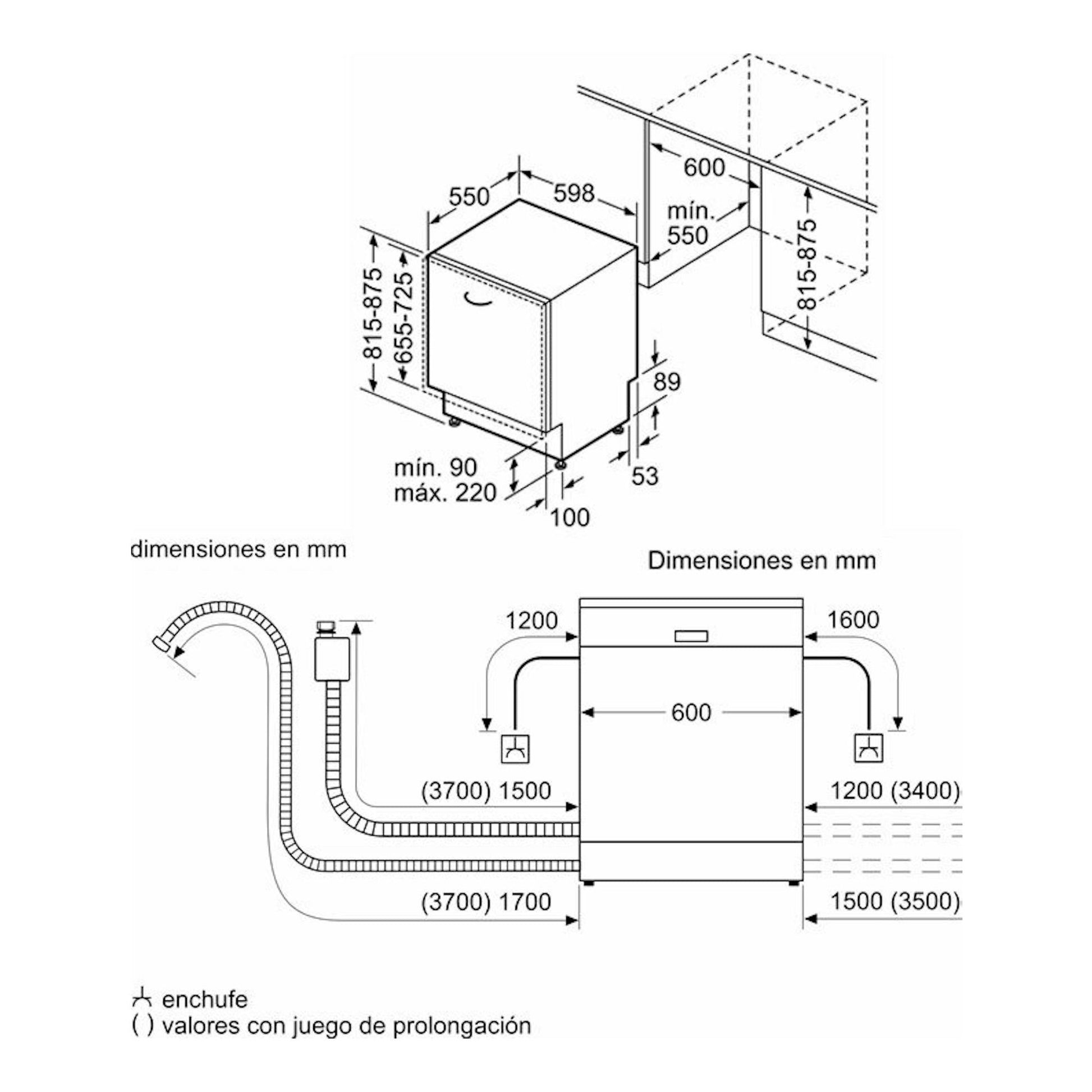 Bosch SMV4HAX19E: esquema técnico de lavavajillas integrable con medidas en mm, vista frontal y lateral.