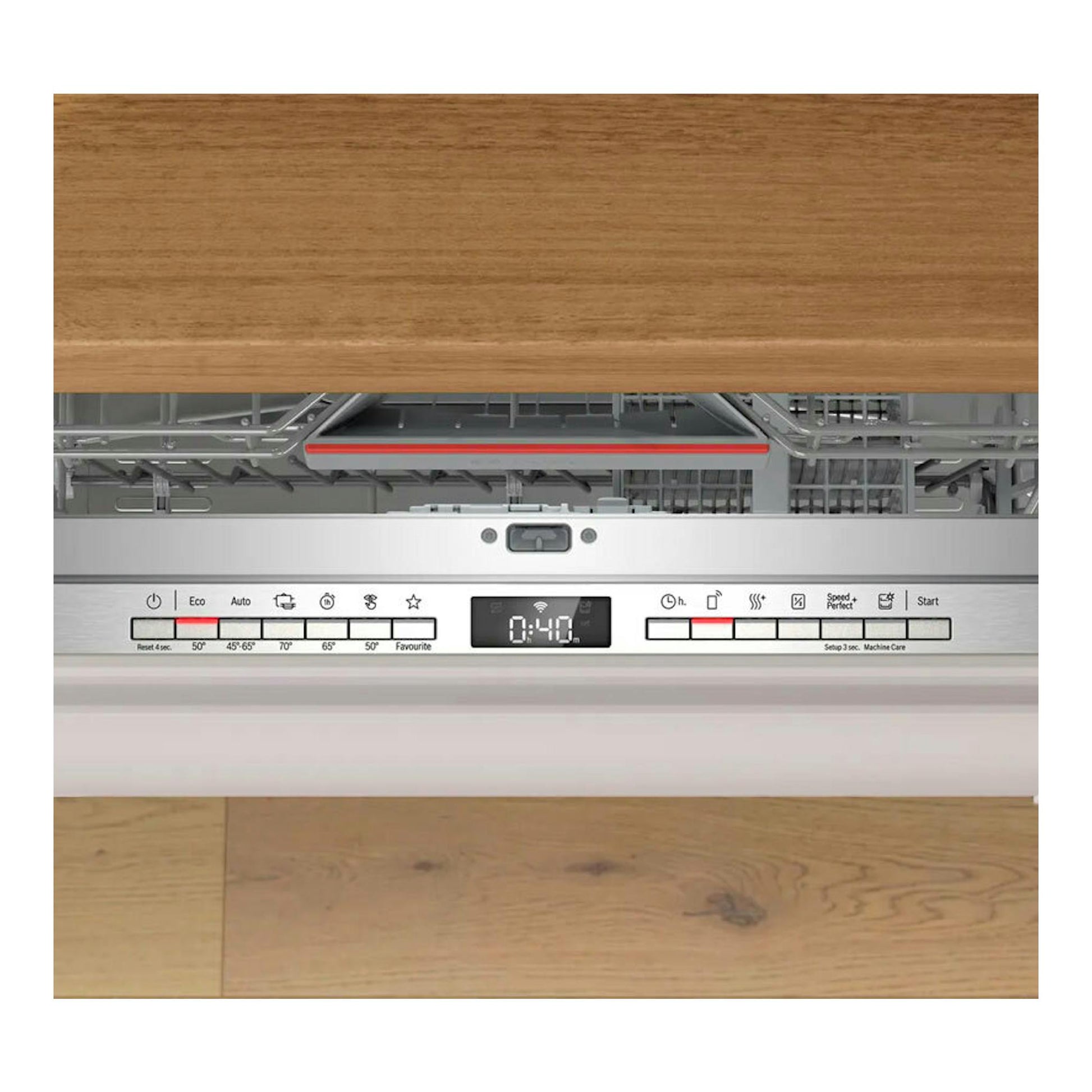 Lavavajillas integrable Bosch SMV4HAX19E abierto, vista frontal del panel de control.