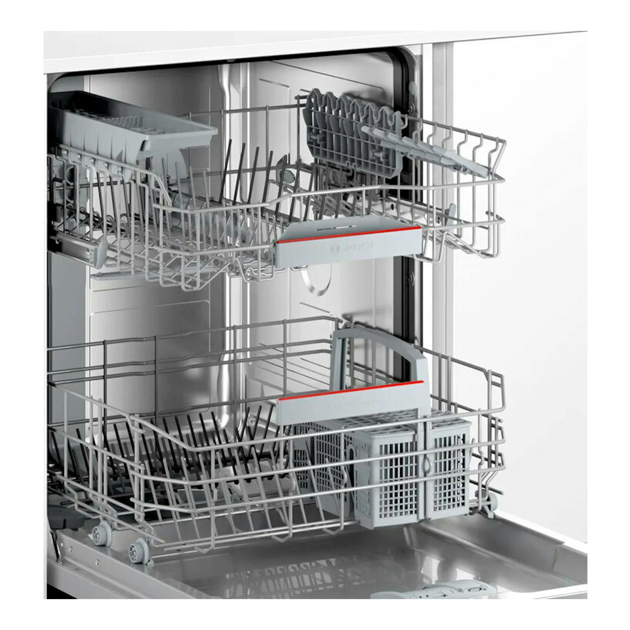 Lavavajillas Bosch SMV4HAX19E integrable, vista frontal abierta, interior gris con dos cestas.