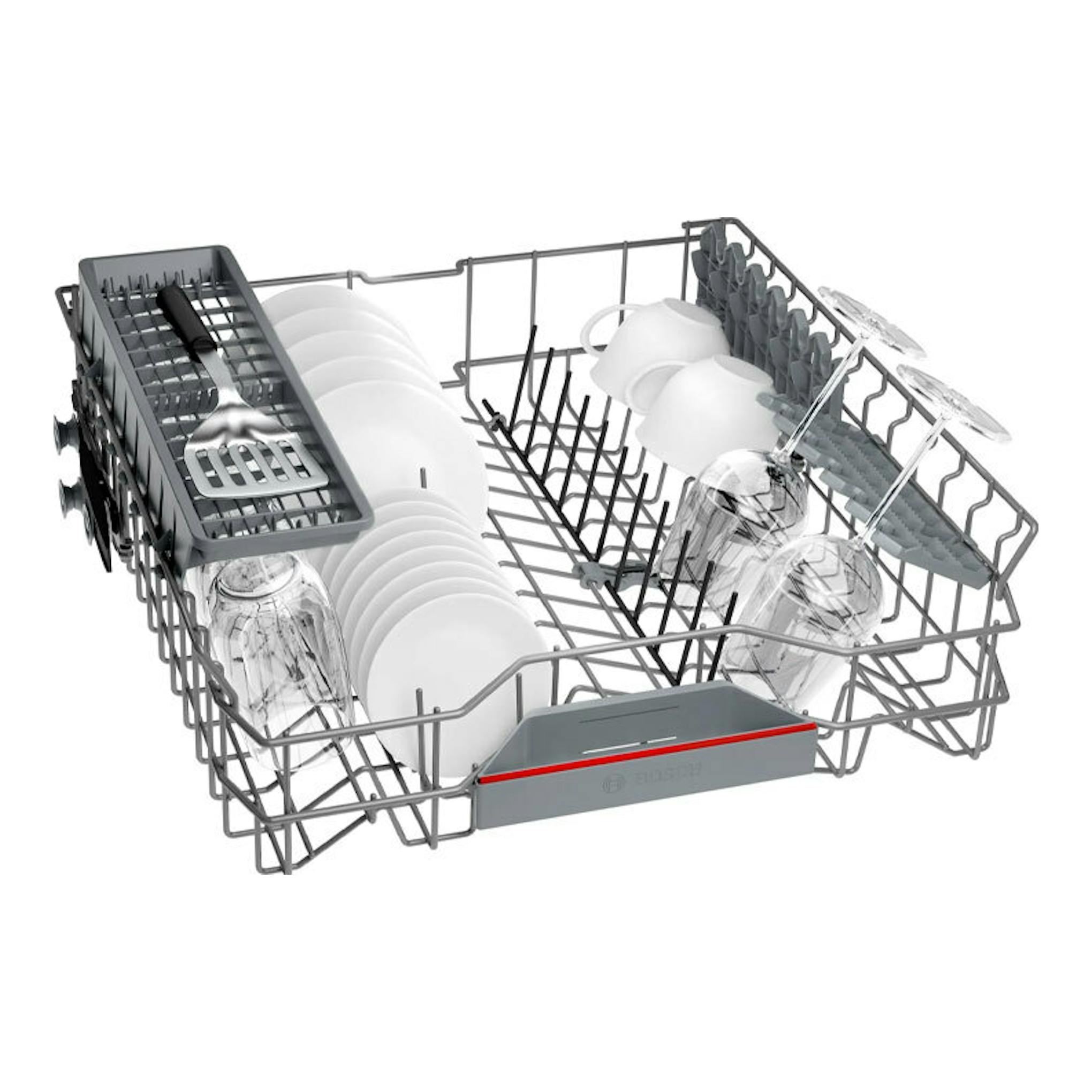 Bosch SMV4HAX19E: cesta inferior de lavavajillas integrable gris, vista en perspectiva con platos y vasos.
