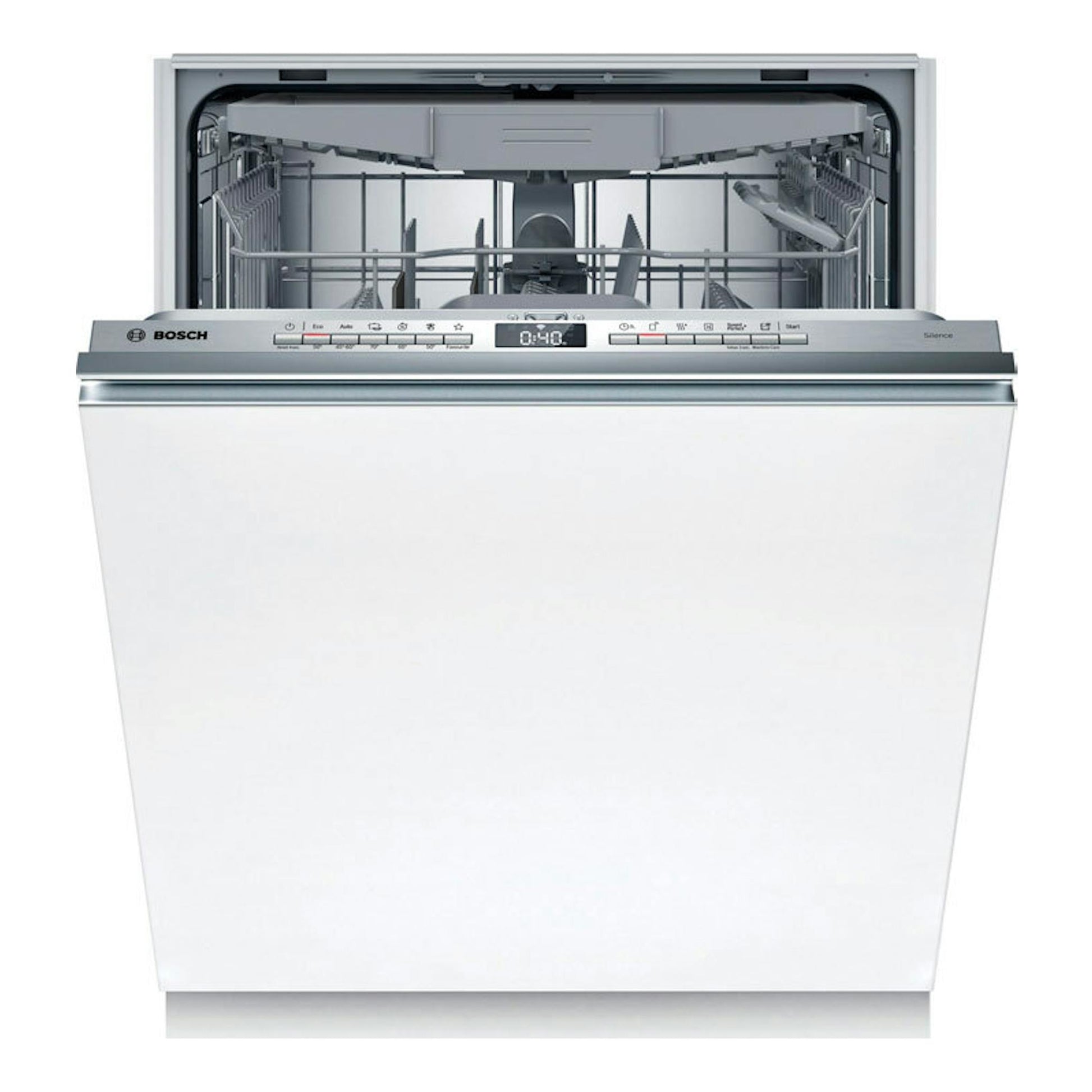 Lavavajillas integrable Bosch SMV4HVX14E blanco, vista frontal con la puerta abierta y cestas visibles.
