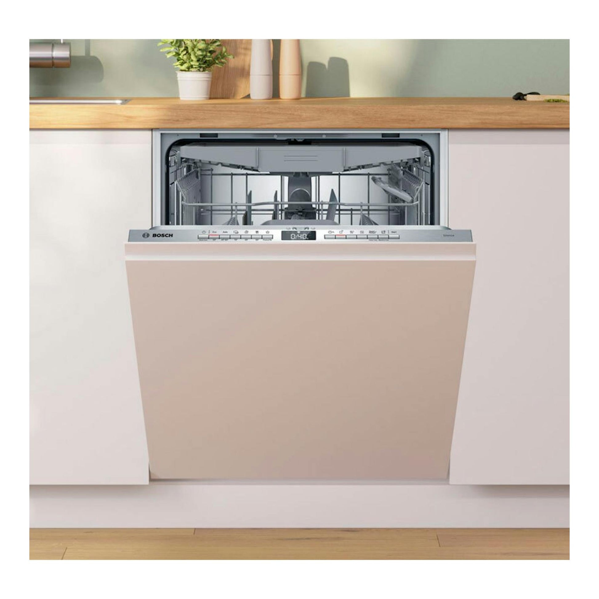 Lavavajillas integrable Bosch SMV4HVX14E, puerta beige abierta y cesta interior visible, vista frontal.