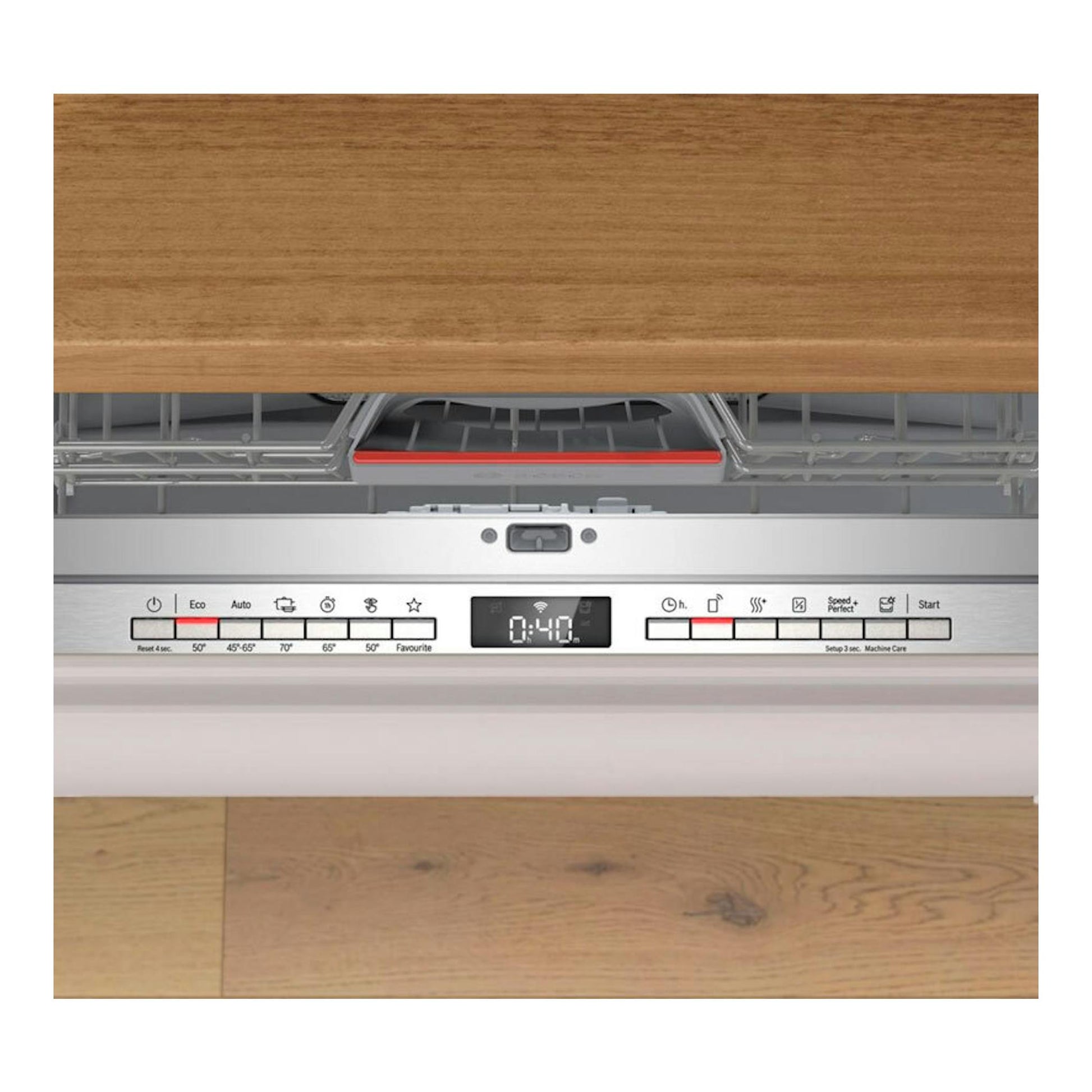 Lavavajillas integrable Bosch SMV4HVX14E, 60 cm, panel abierto con display digital y frontal blanco.