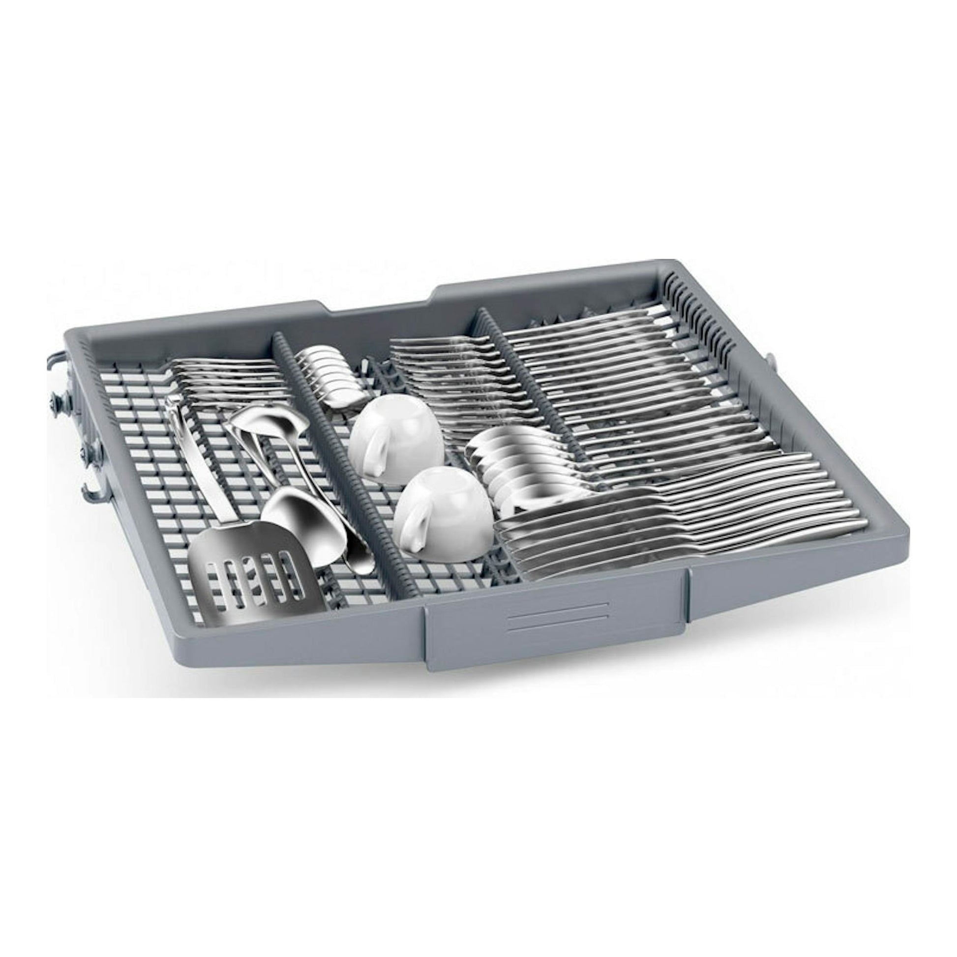 Bandeja gris para cubiertos de lavavajillas, en vista en perspectiva, con cucharas, tenedores y tazas.