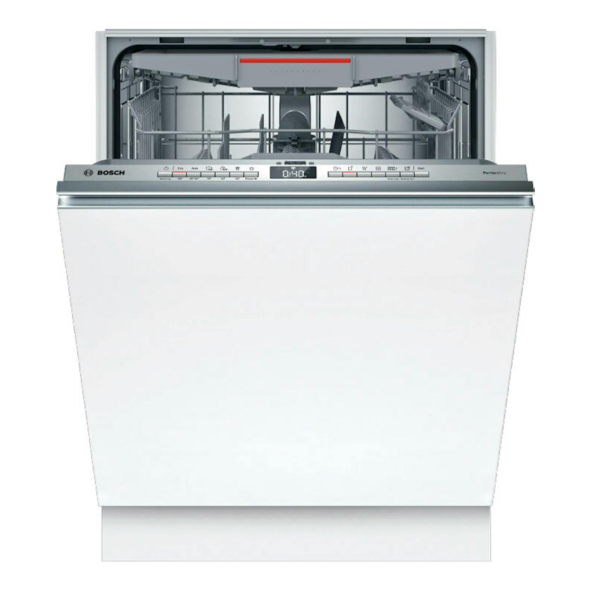 Lavavajillas integrable Bosch SMV6ZCX10E de 60 cm, vista frontal con la puerta abierta y cesta interior visible.