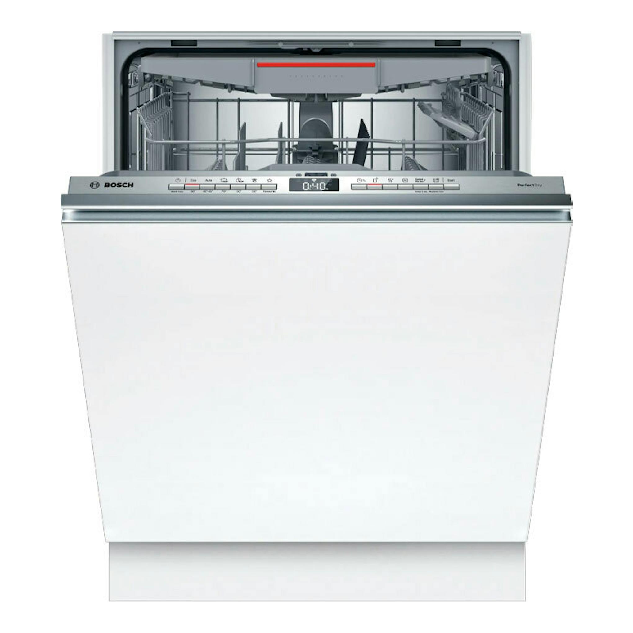 Lavavajillas integrable Bosch SMV6ZCX10E de 60 cm, vista frontal con la puerta abierta y cesta interior visible.