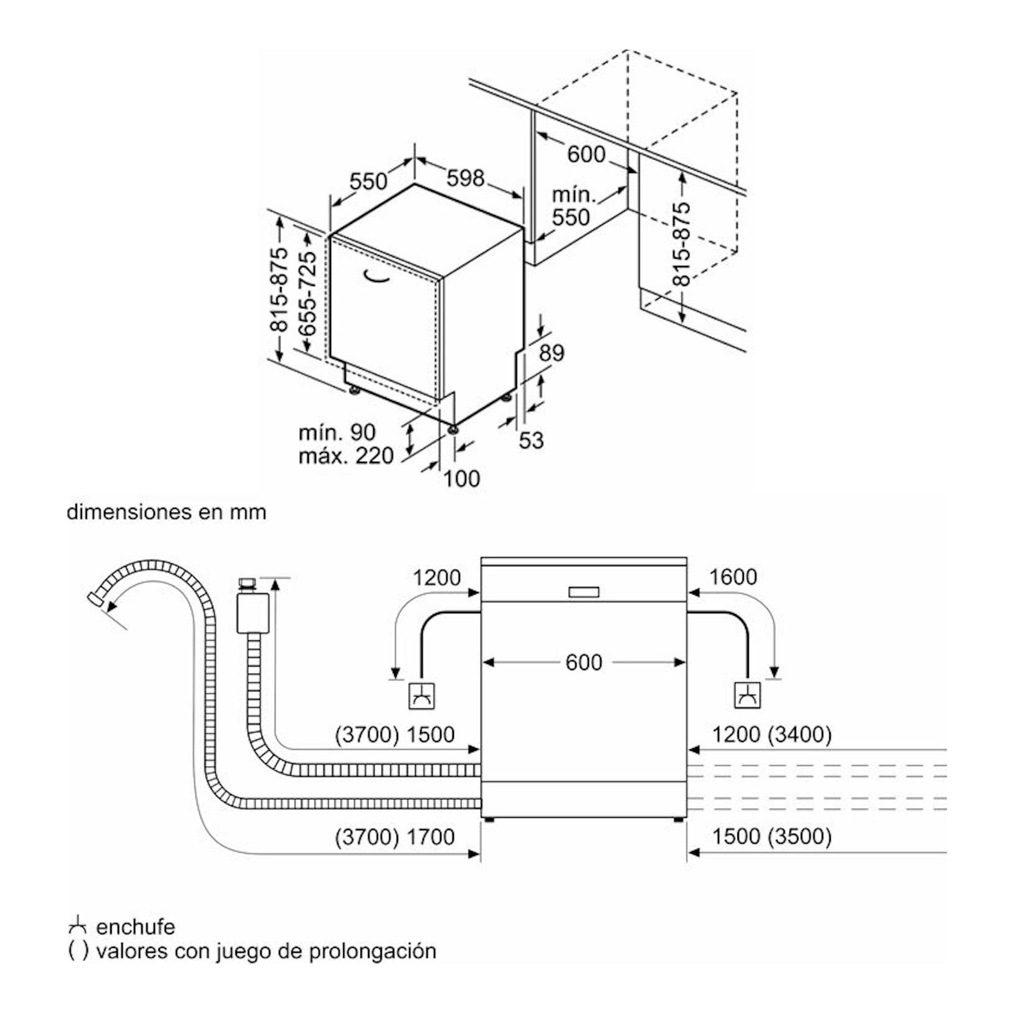 Bosch SMV6ZCX10E: esquema técnico en blanco y negro de lavavajillas integrable de 60 cm, con medidas y conexiones.