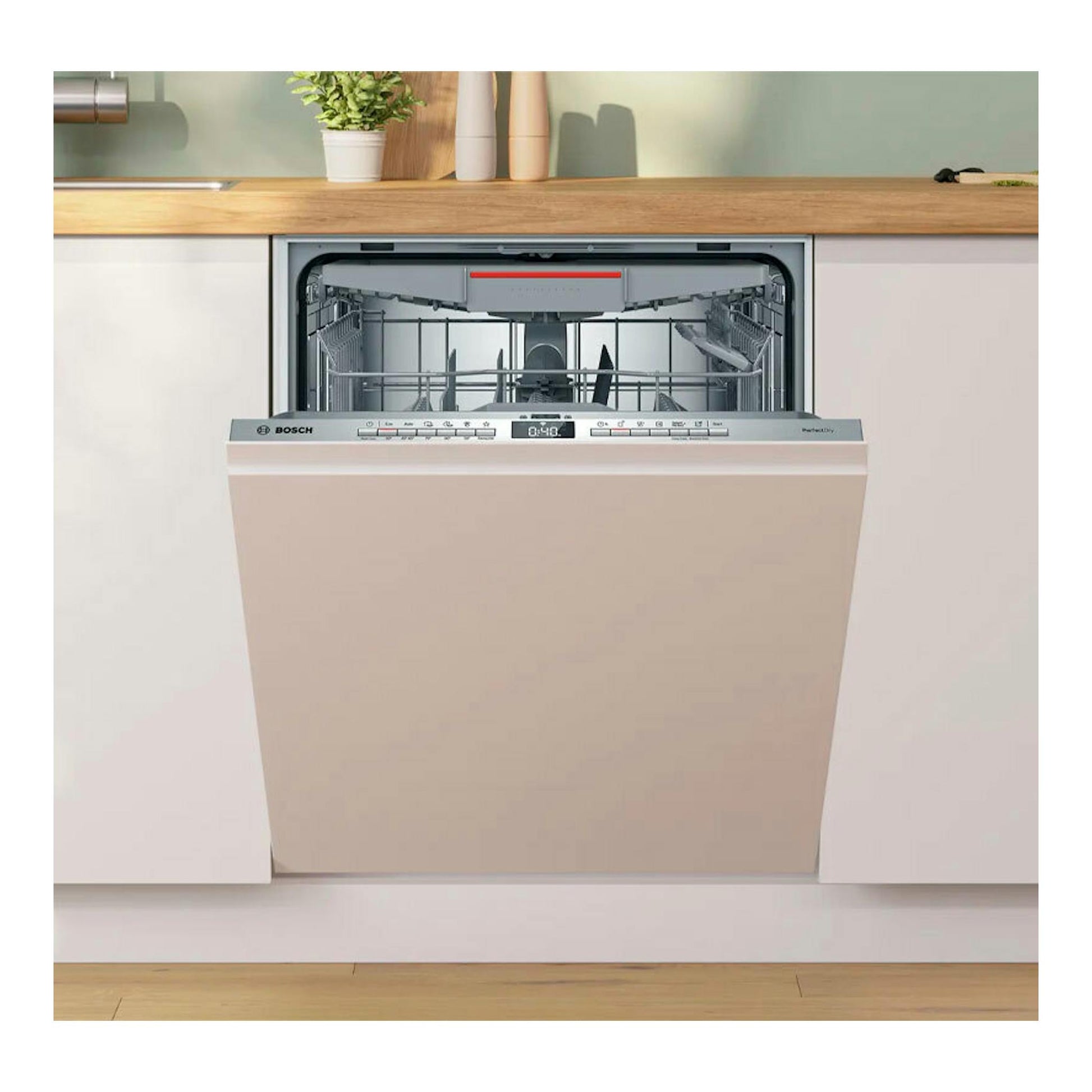 Lavavajillas integrable Bosch SMV6ZCX10E blanco, visto de frente y abierto bajo encimera.