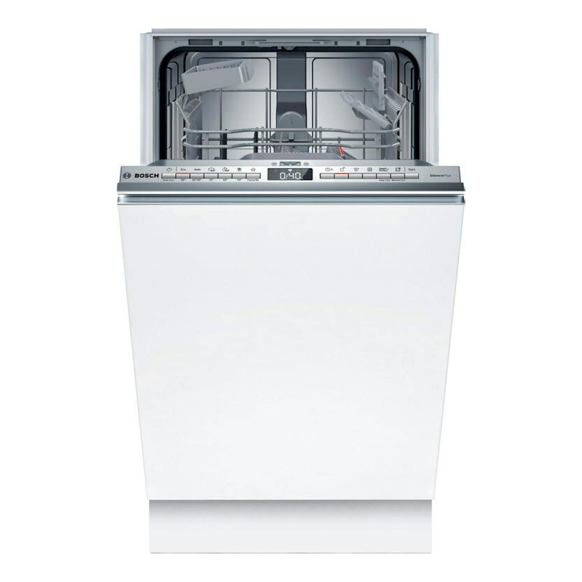 Lavavajillas integrable Bosch SPH4EKX17E blanco, vista frontal con puerta abierta y cestas visibles.