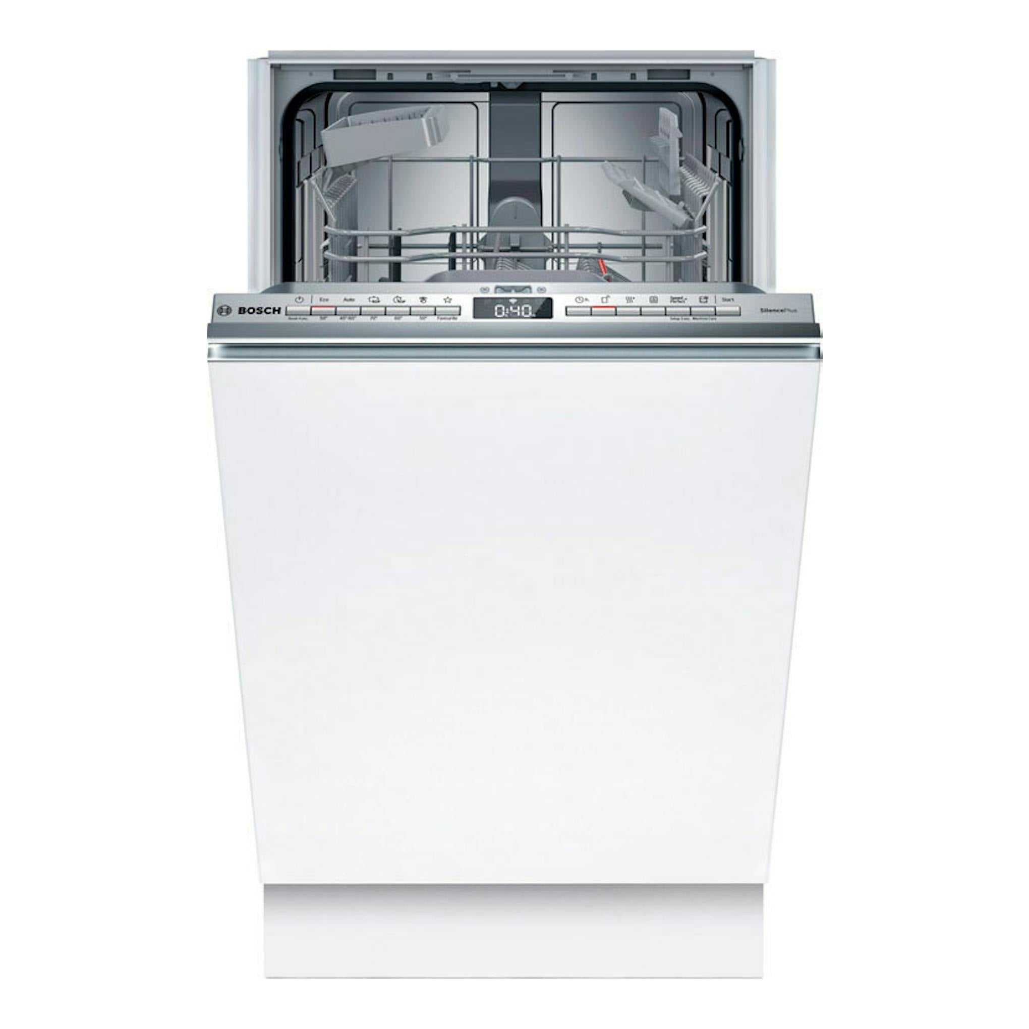 Lavavajillas integrable Bosch SPH4EKX17E blanco, vista frontal con puerta abierta y cestas visibles.