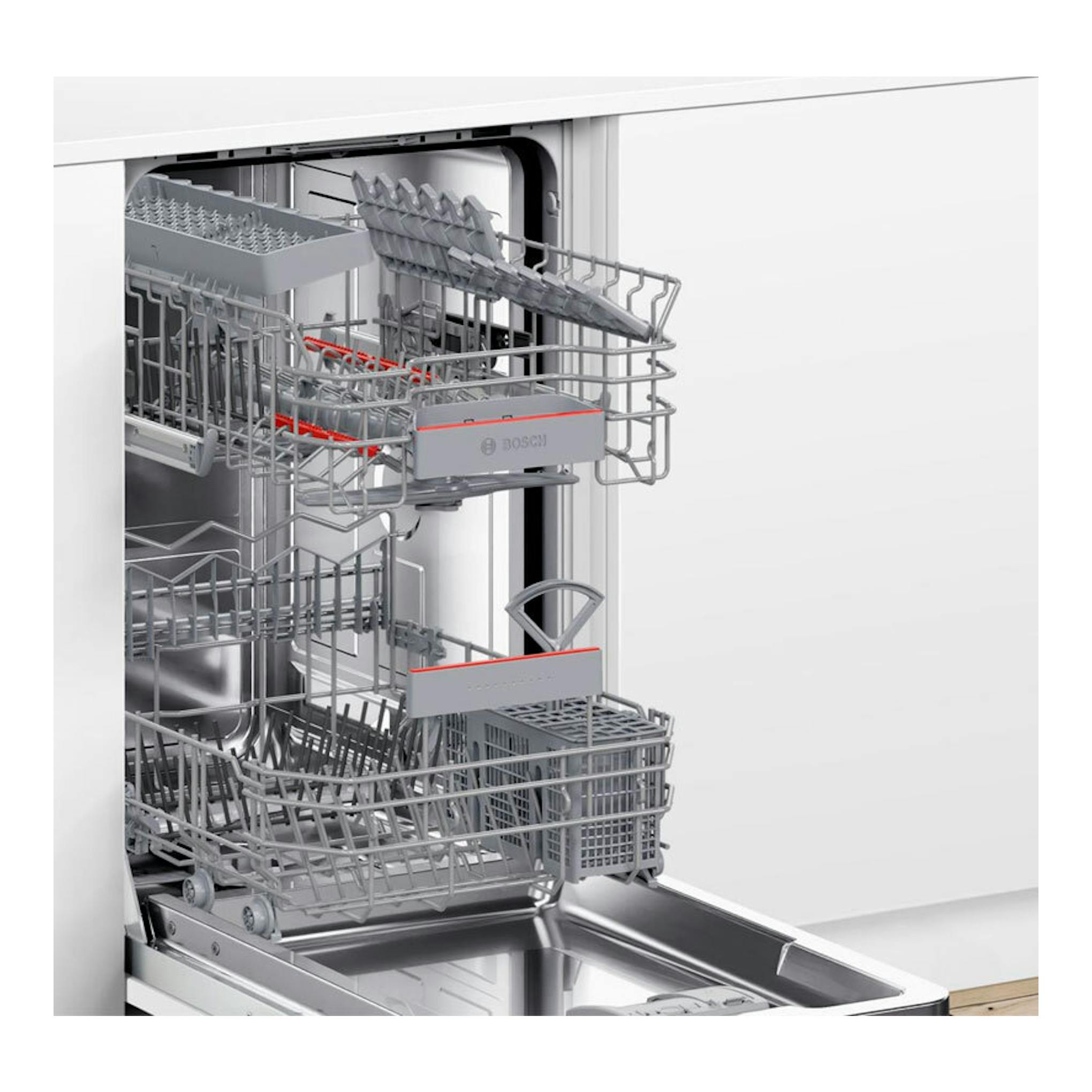 Lavavajillas integrable Bosch SPH4EKX17E abierto, con cestas y bandejas grises en vista frontal.