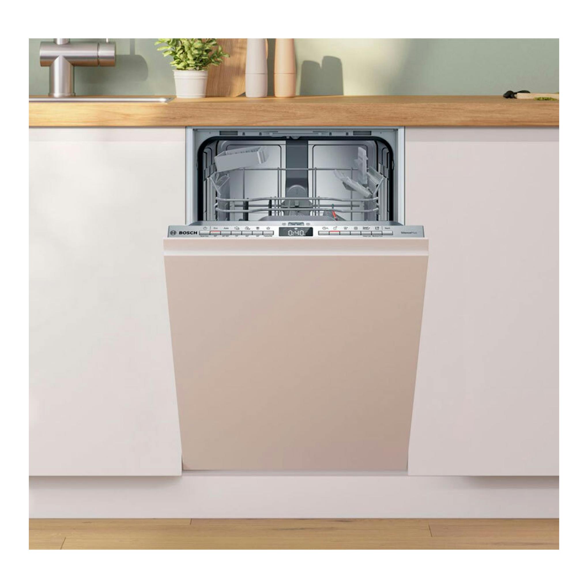 Lavavajillas integrable Bosch SPH4EKX17E beige, con la puerta abierta y el panel superior visible.