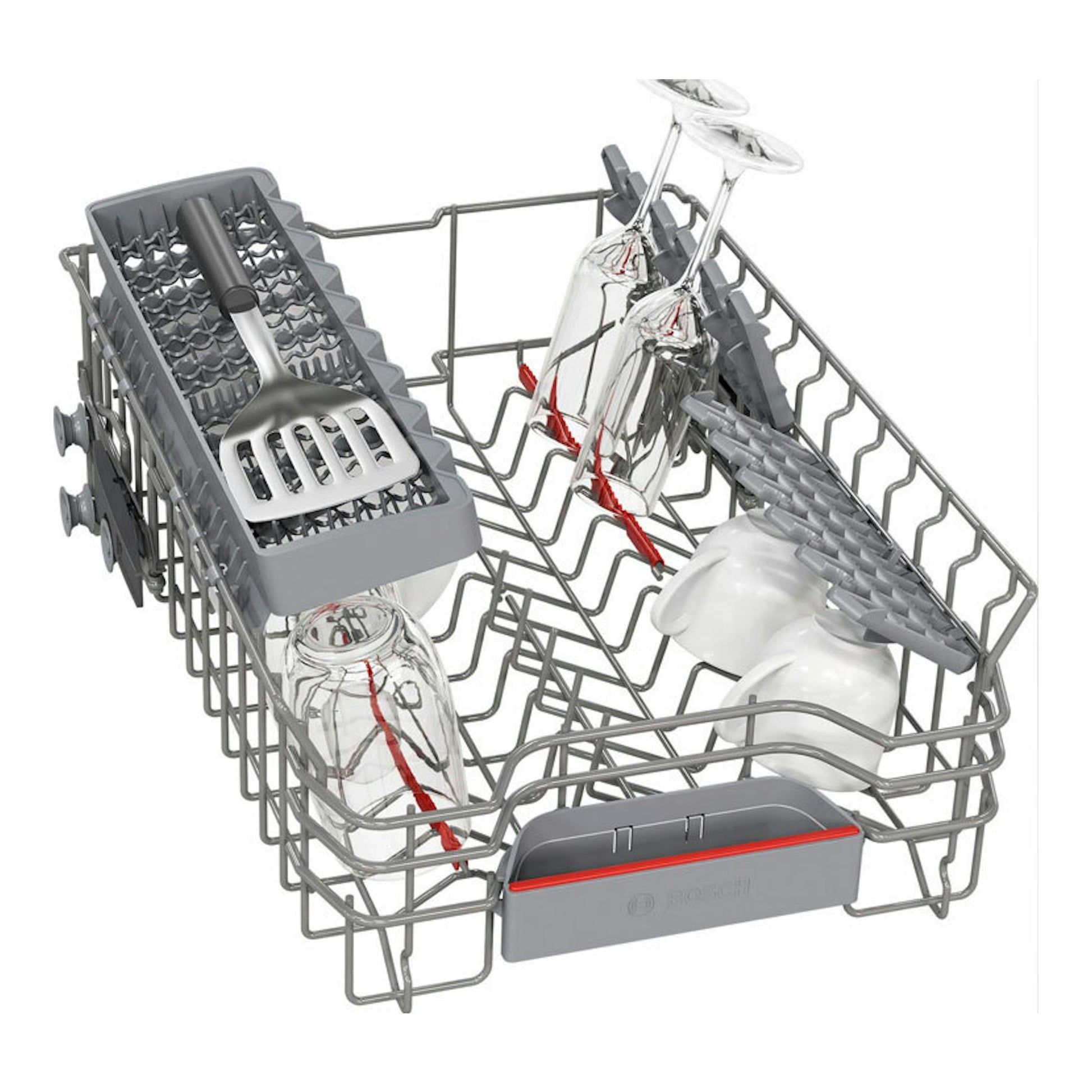 Bosch SPH4EKX17E: cesta superior gris de lavavajillas con copas, vasos y utensilios.