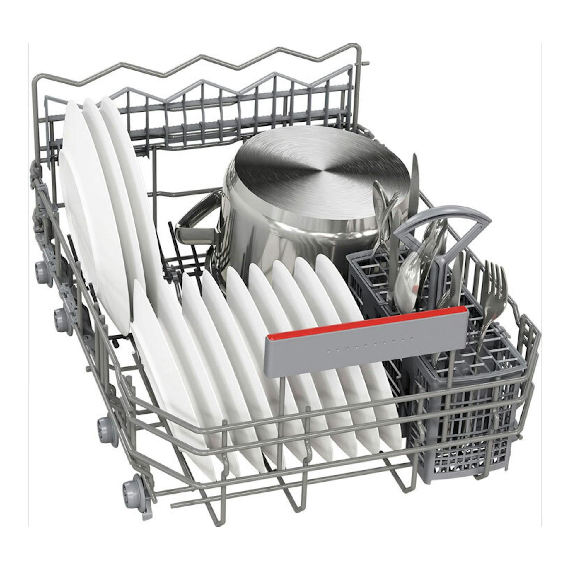 Bosch SPH4EKX17E: cesta gris de lavavajillas con platos blancos, olla y cubertero, vista en perspectiva.