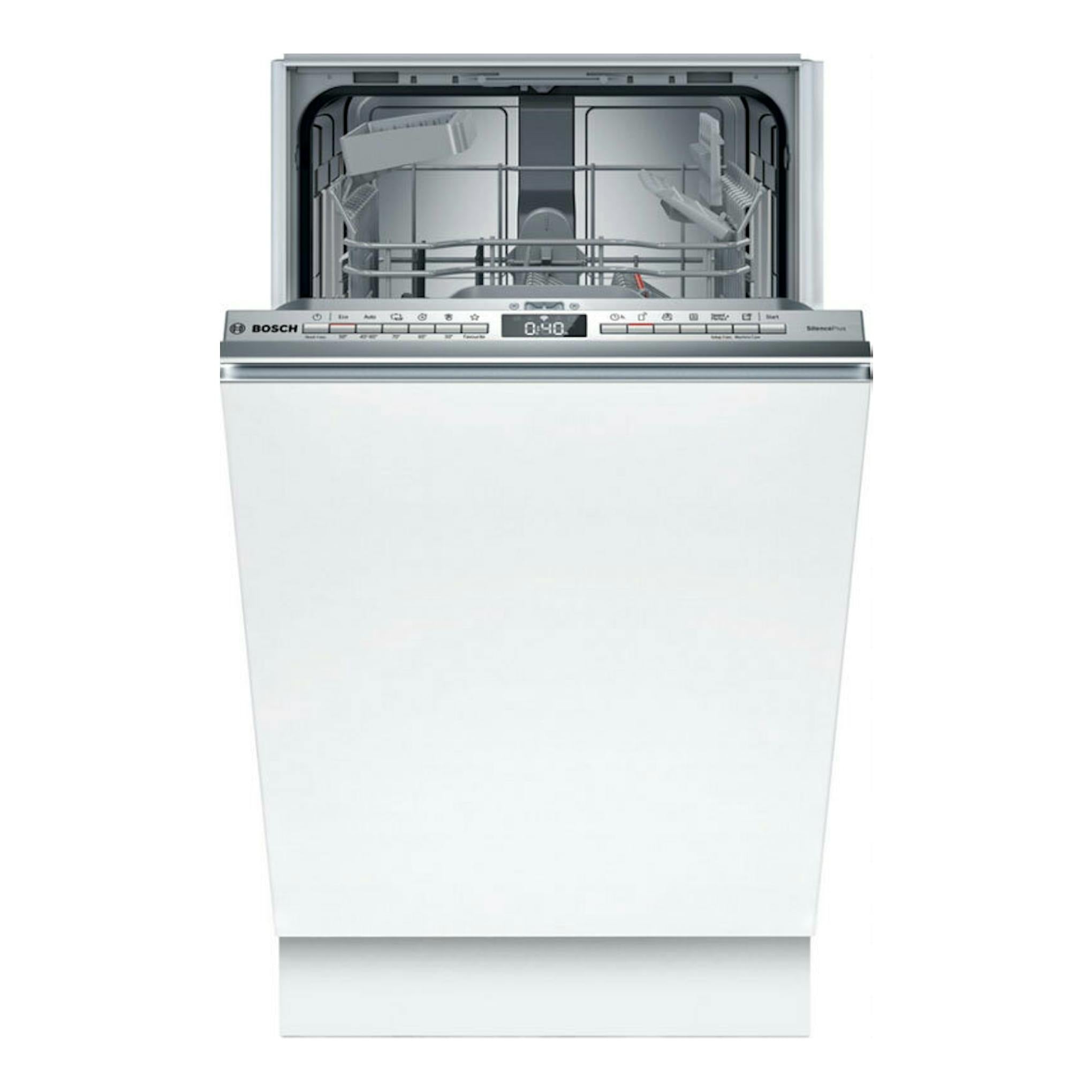 Lavavajillas integrable Bosch SPH4EKX24E, vista frontal, puerta blanca abierta y cestas interiores visibles.