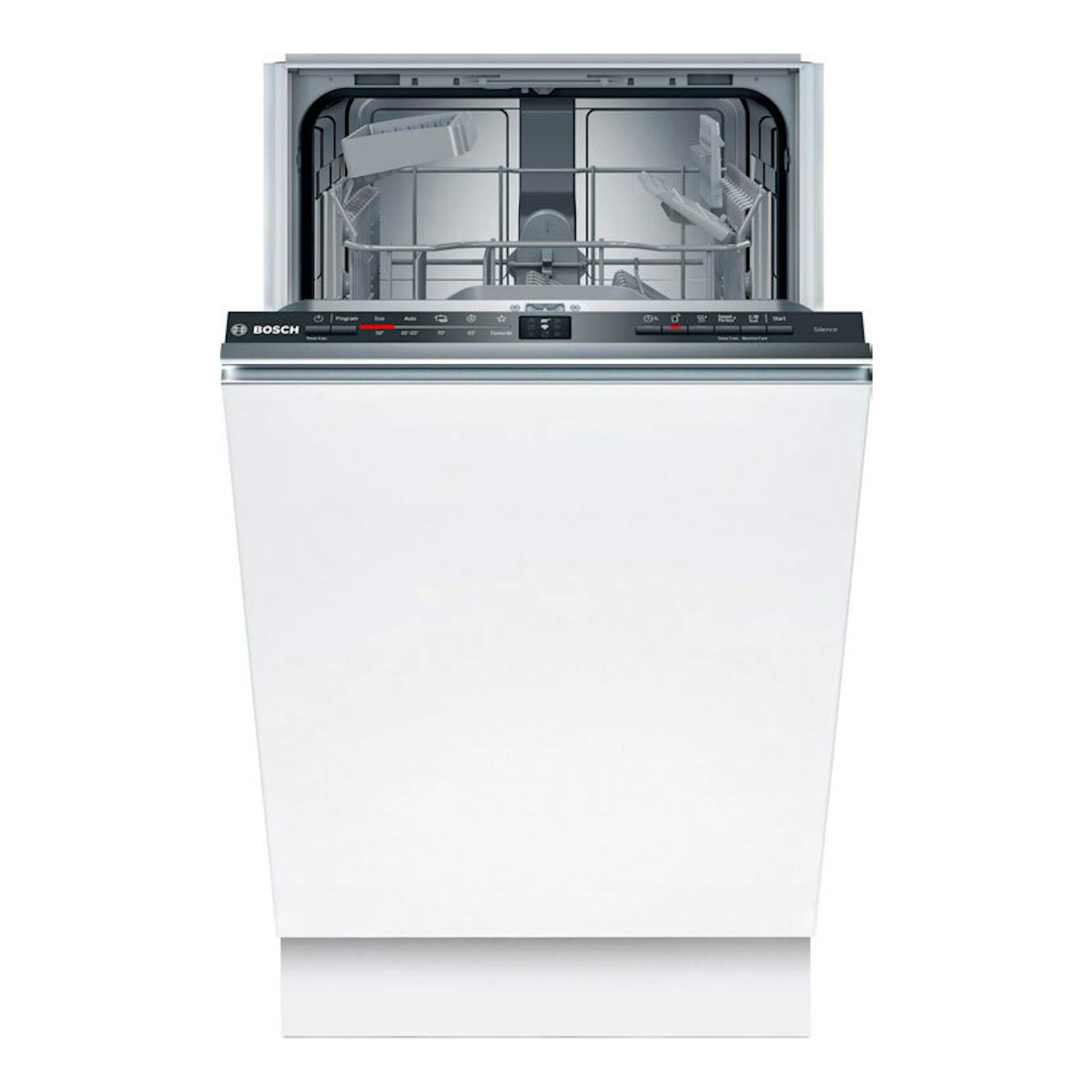 Lavavajillas integrable Bosch SPV2HKX02E blanco, vista frontal con puerta abierta y panel de control negro.
