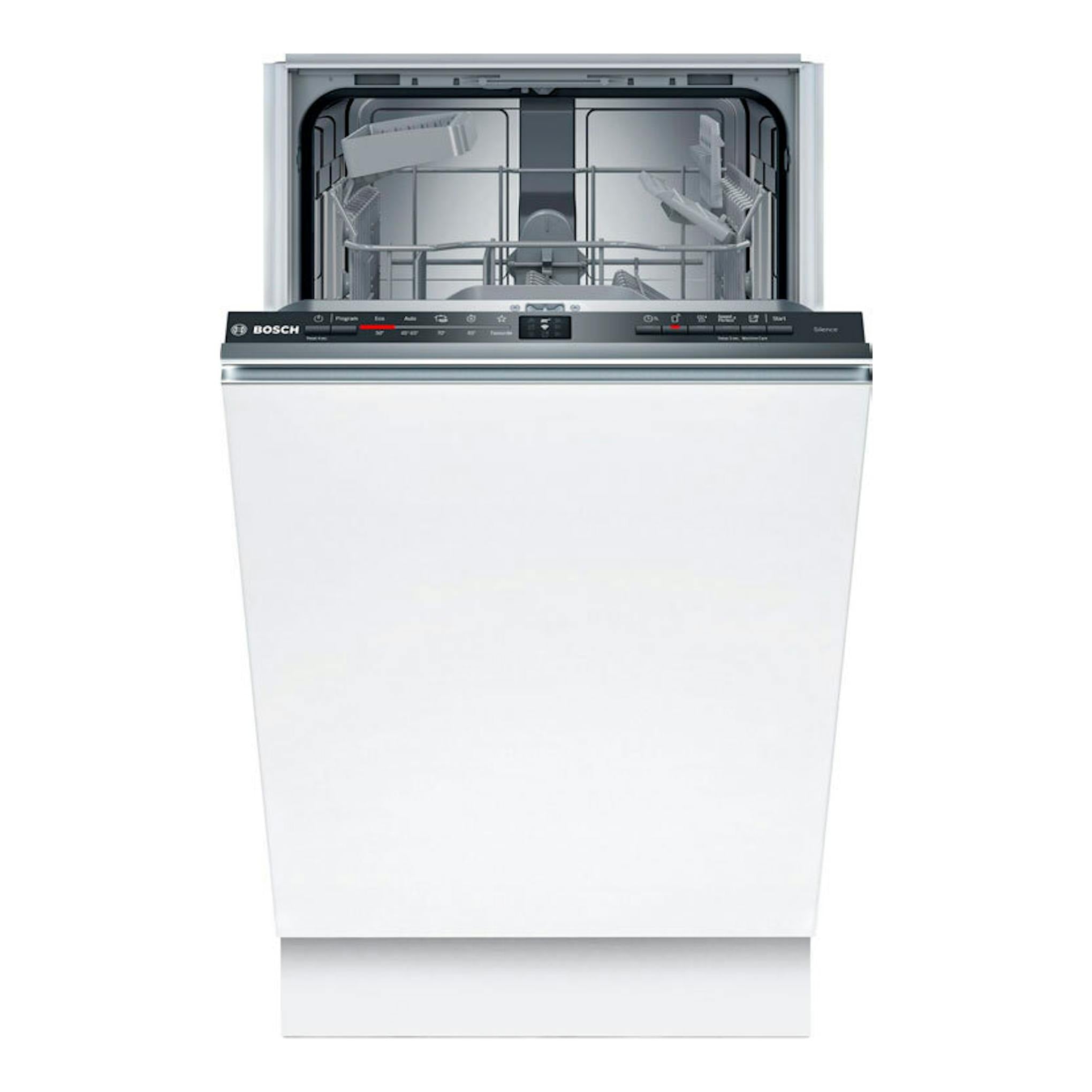 Lavavajillas integrable Bosch SPV2HKX02E blanco, vista frontal con puerta abierta y panel de control negro.