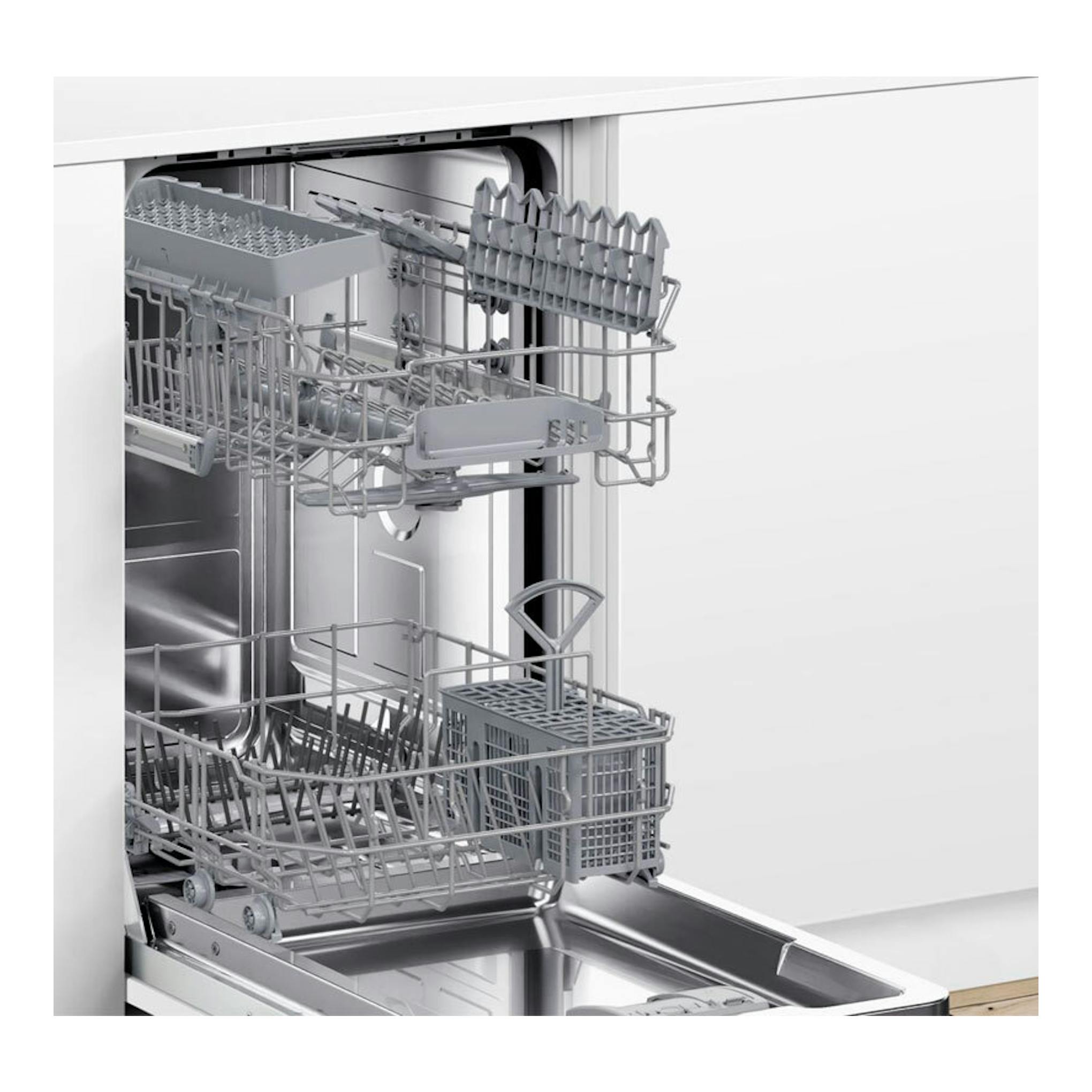Lavavajillas integrable Bosch SPV2HKX02E de 45 cm, abierto, con cestas grises; vista frontal.