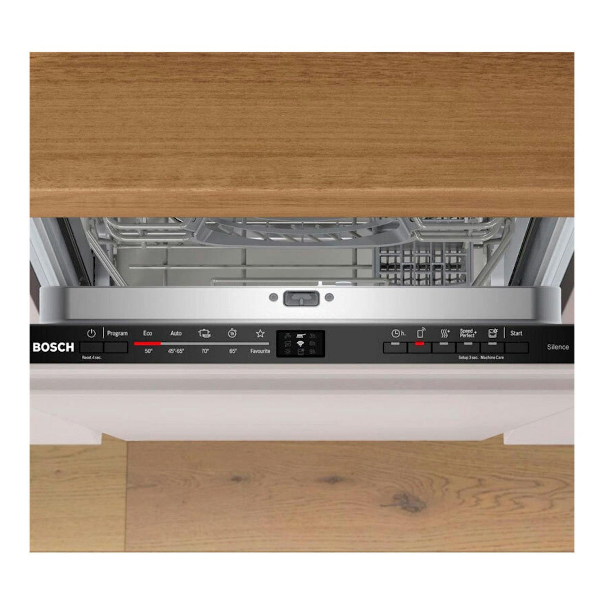 Lavavajillas integrable Bosch SPV2HKX02E abierto, vista frontal; panel negro y puerta blanca.