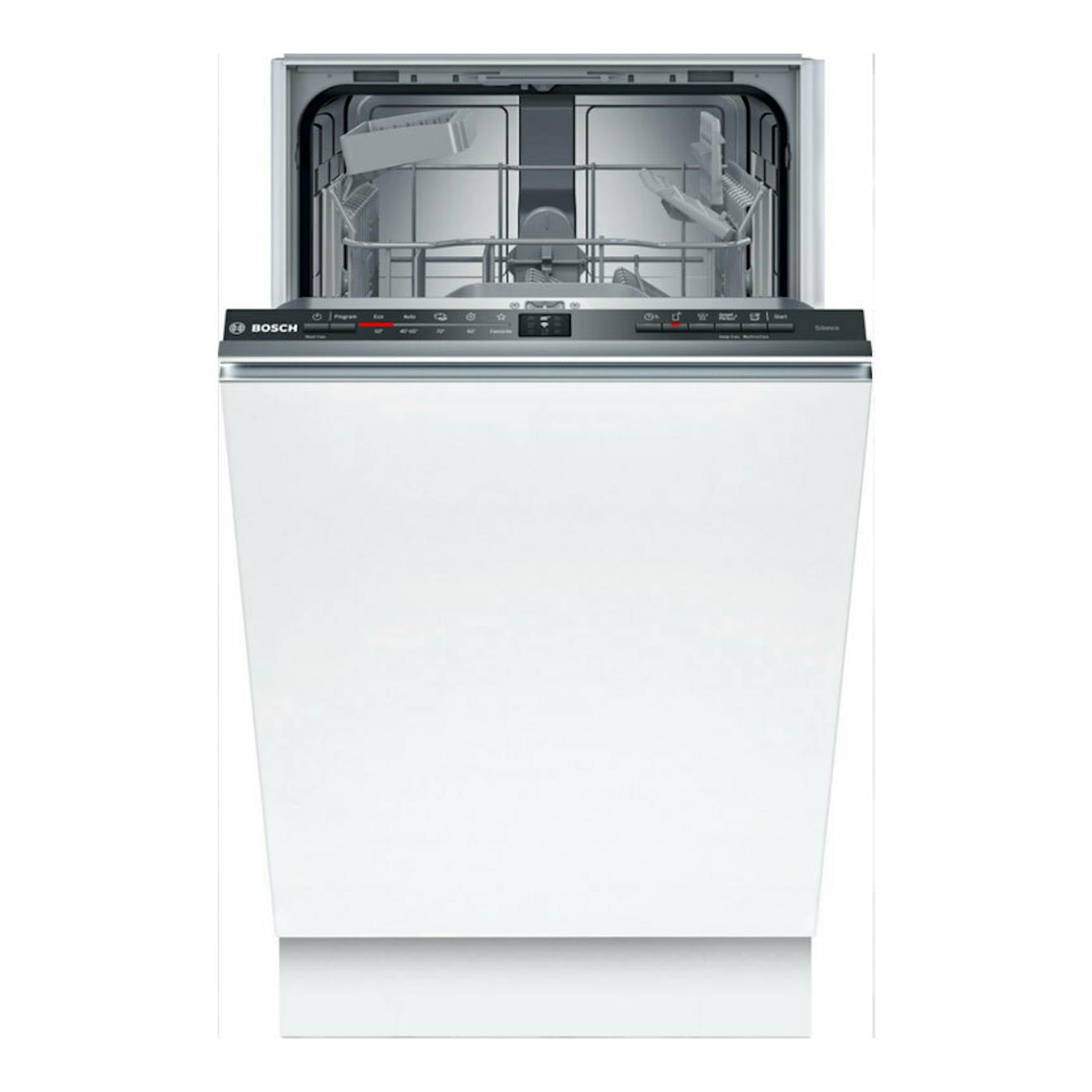 Lavavajillas integrable Bosch SPV2HKX42E blanco, vista frontal con puerta abierta.