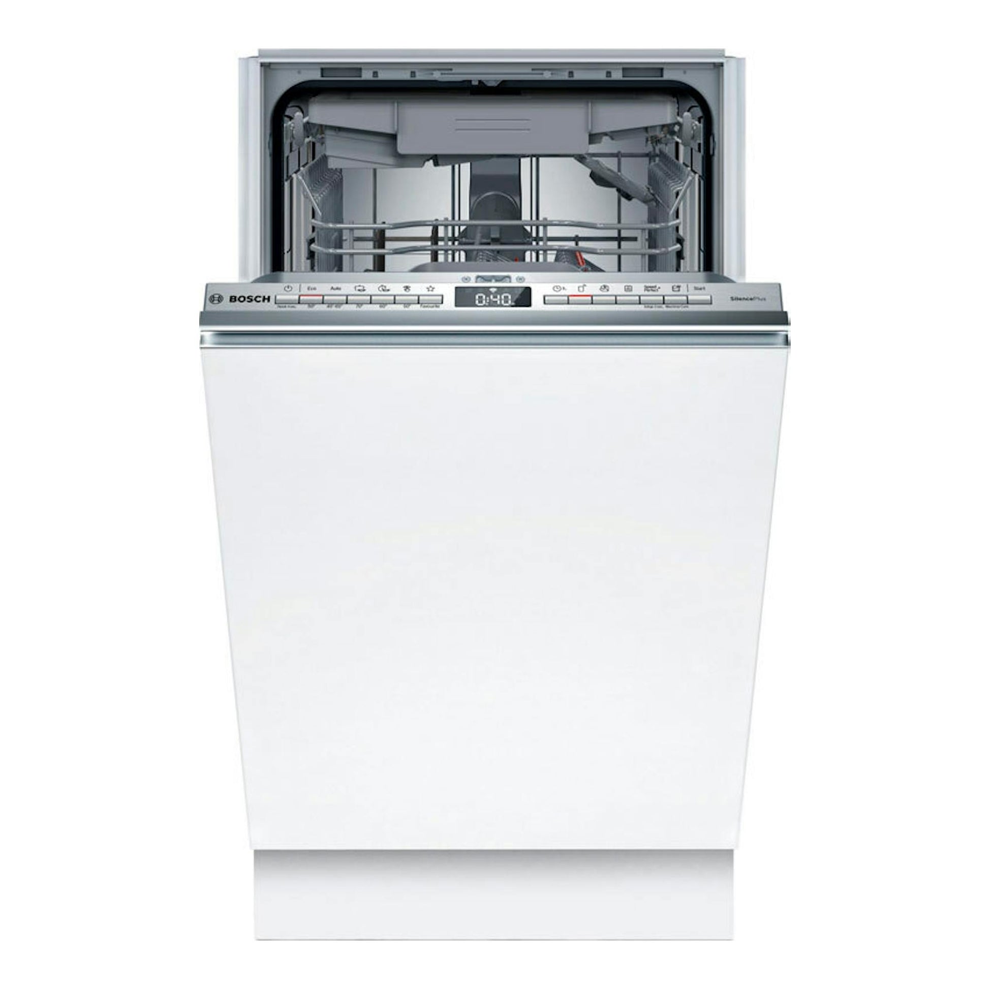 Lavavajillas integrable Bosch SPV4EMX17E blanco, vista frontal con la puerta abierta.