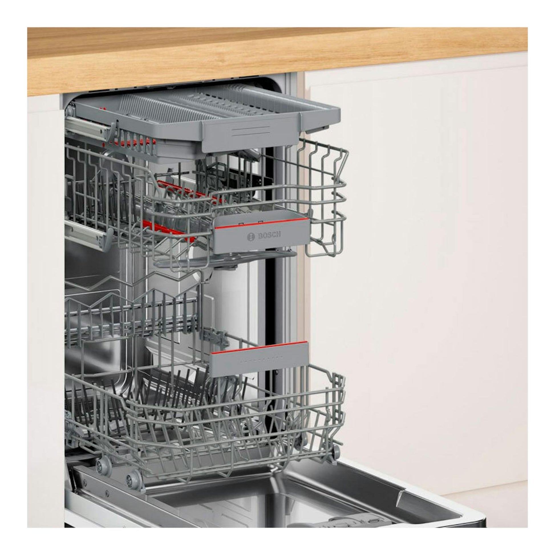 Lavavajillas integrable Bosch SPV4EMX17E de 45 cm, abierto, con cestas grises y vista frontal.