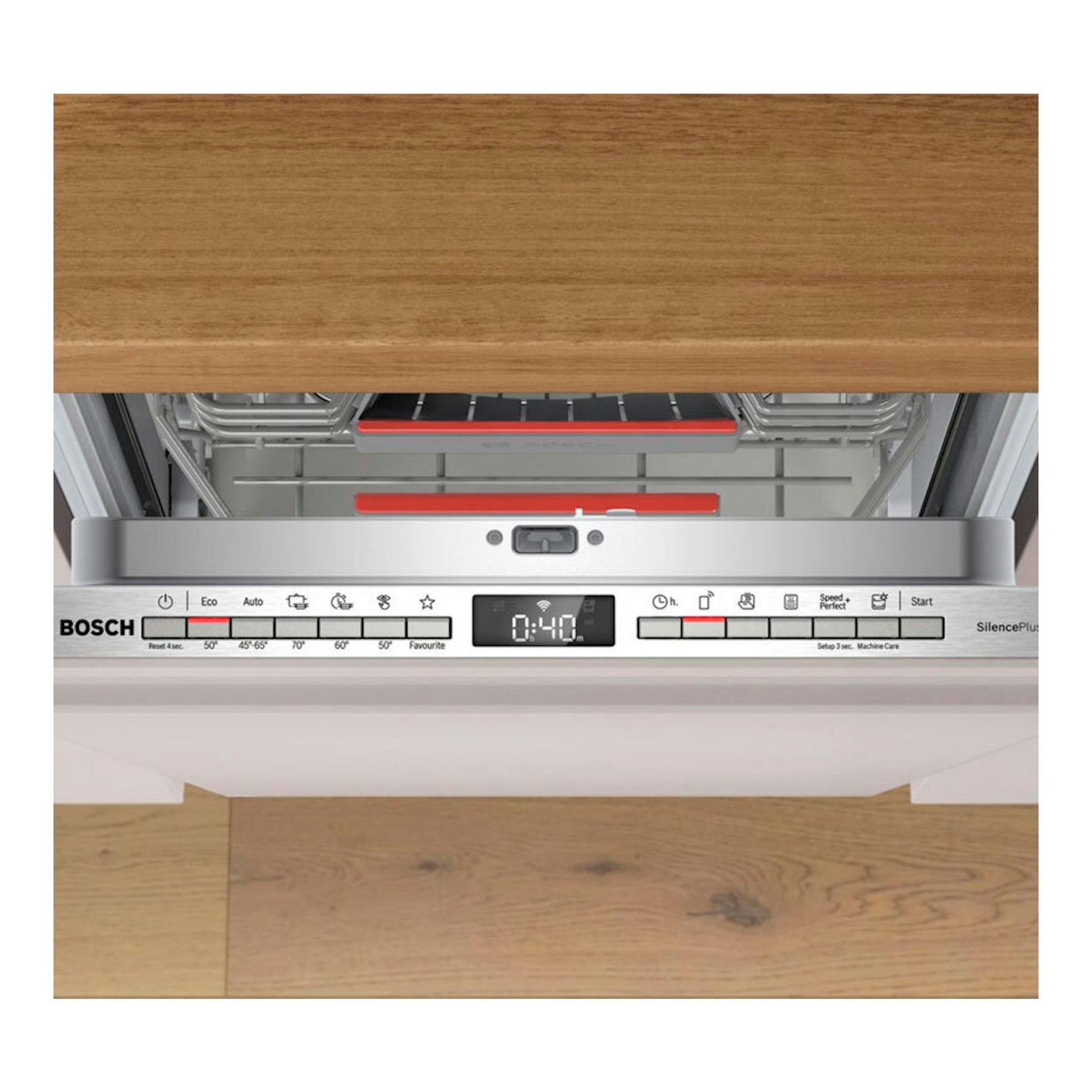 Lavavajillas integrable Bosch SPV4EMX17E, vista frontal abierta, panel de control y cesta interior.