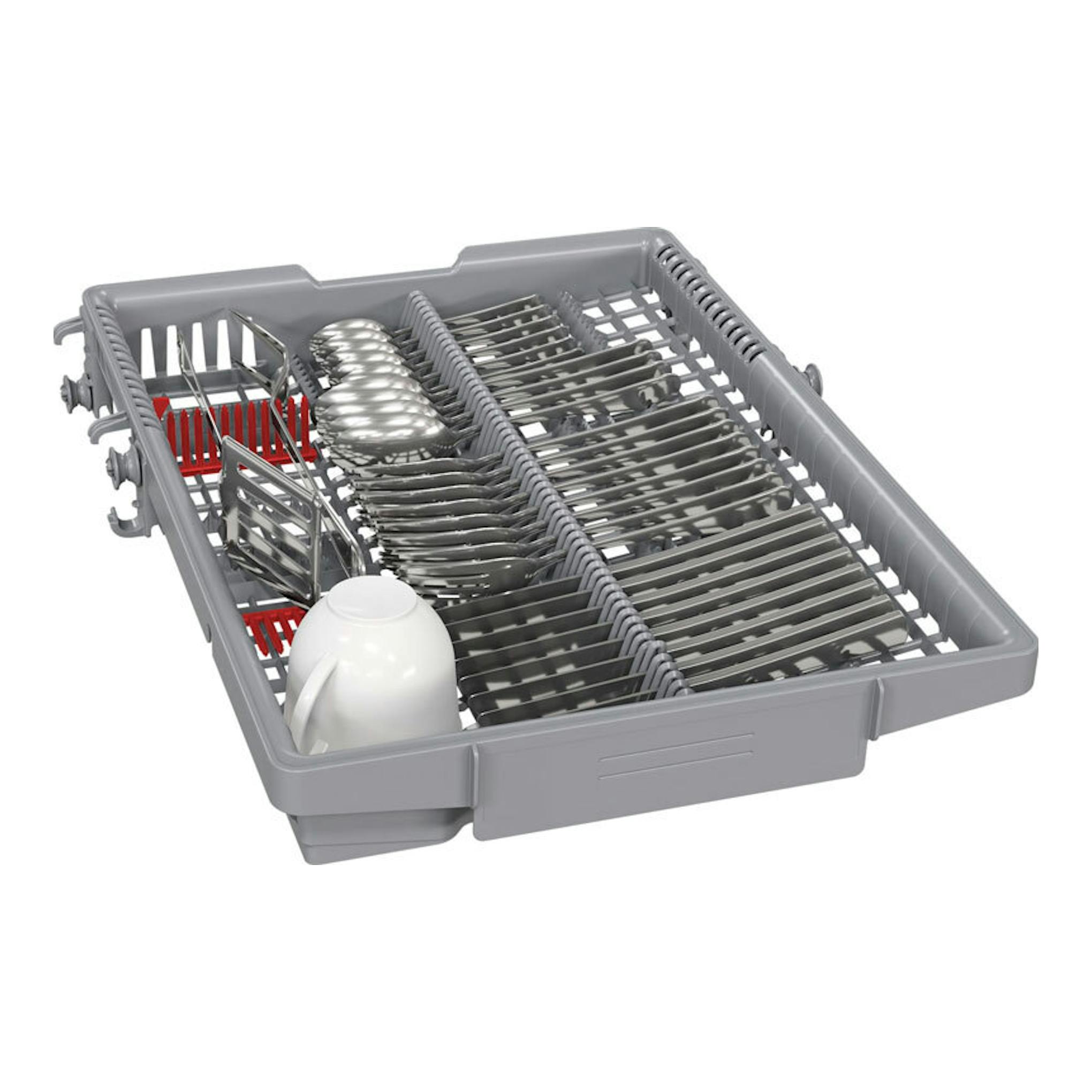 Cesto interior de lavavajillas Bosch SPV4EMX17E, vista en ángulo con platos y tazas.